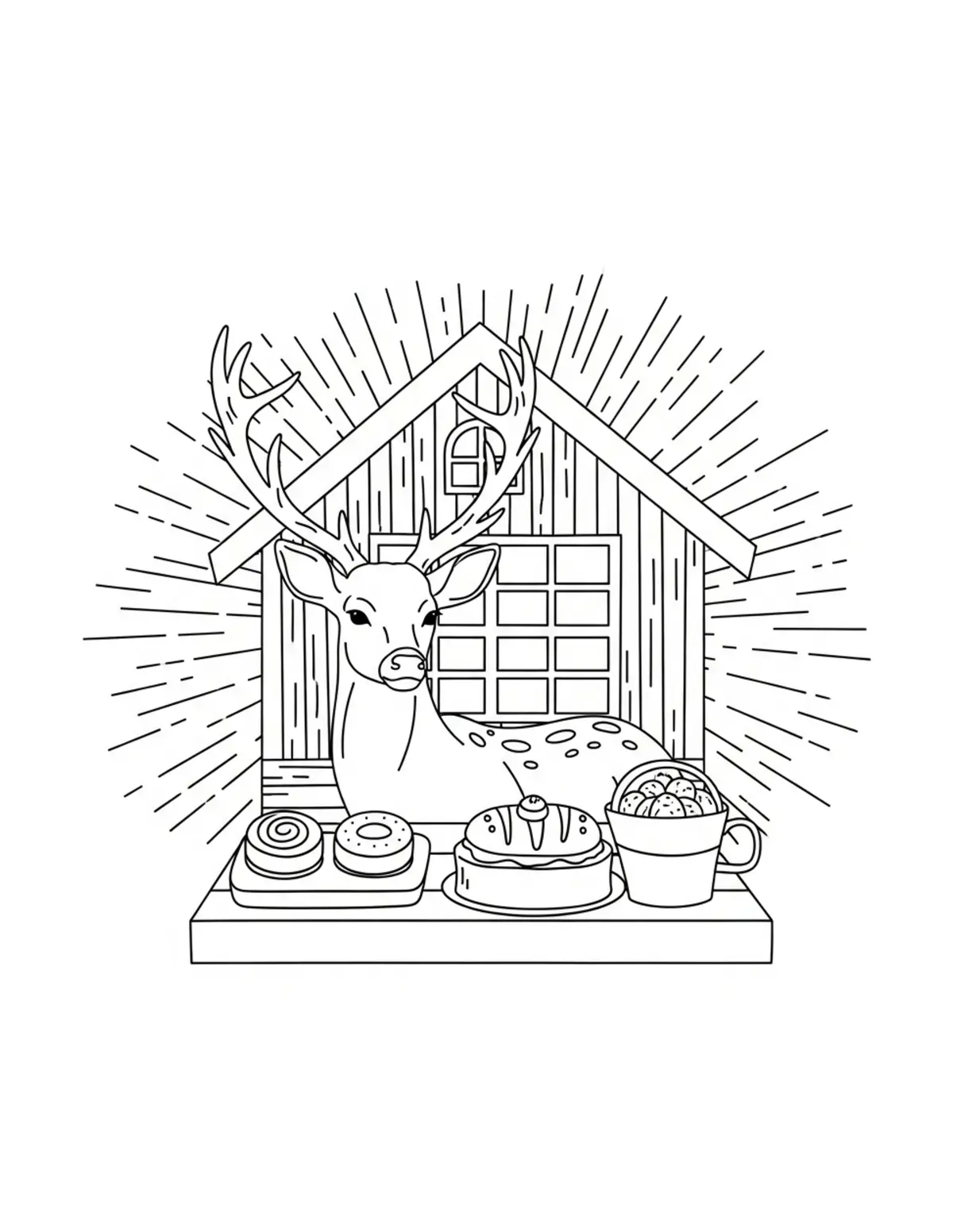 Free printable coloring page: deer cottage bakery visit coloring page. Cute and cozy deer cottage design for kids and adults to download and print.
