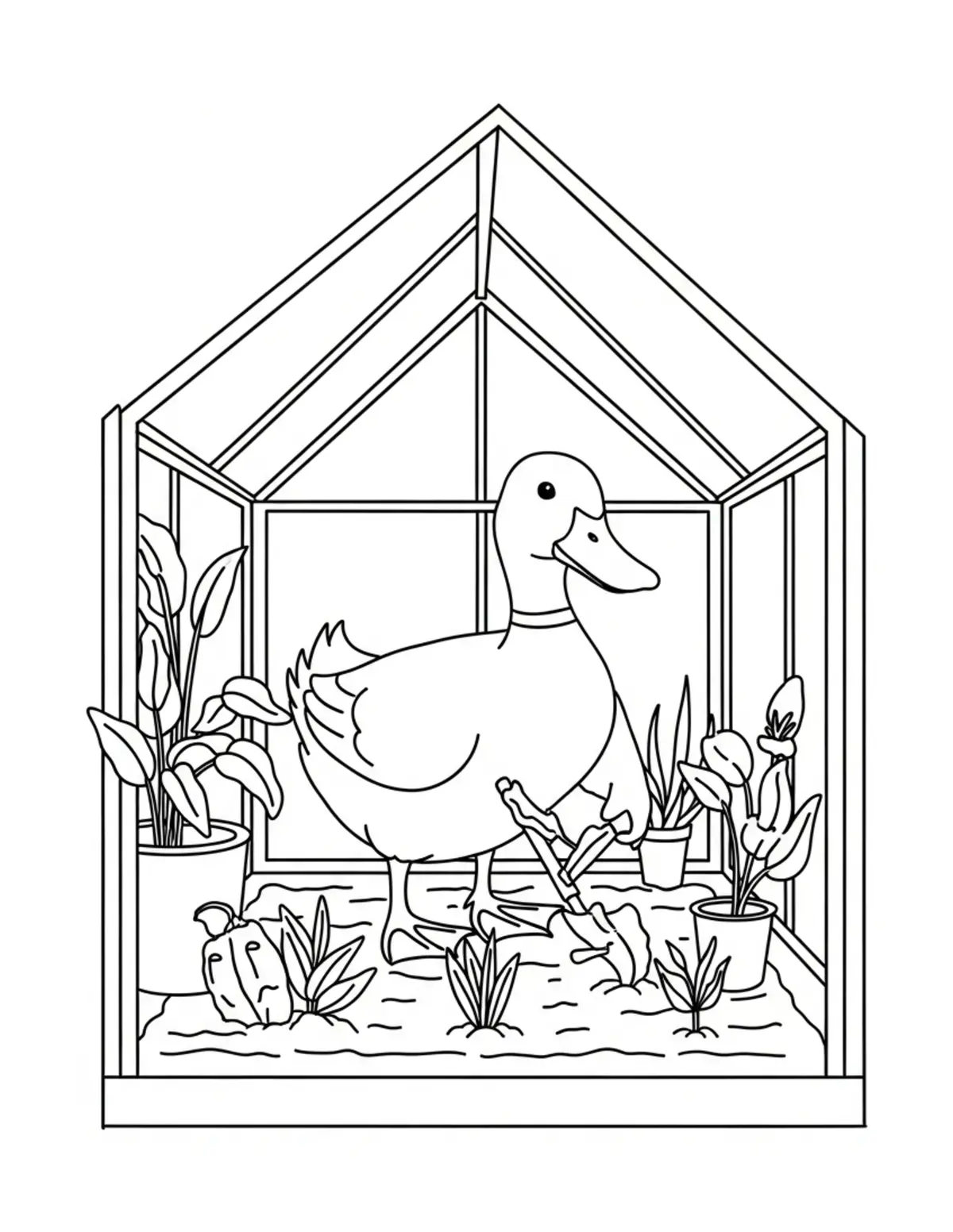 Duck Gardening Greenhouse Scen Coloring Page - free printable JPG featuring adorable duck scenes