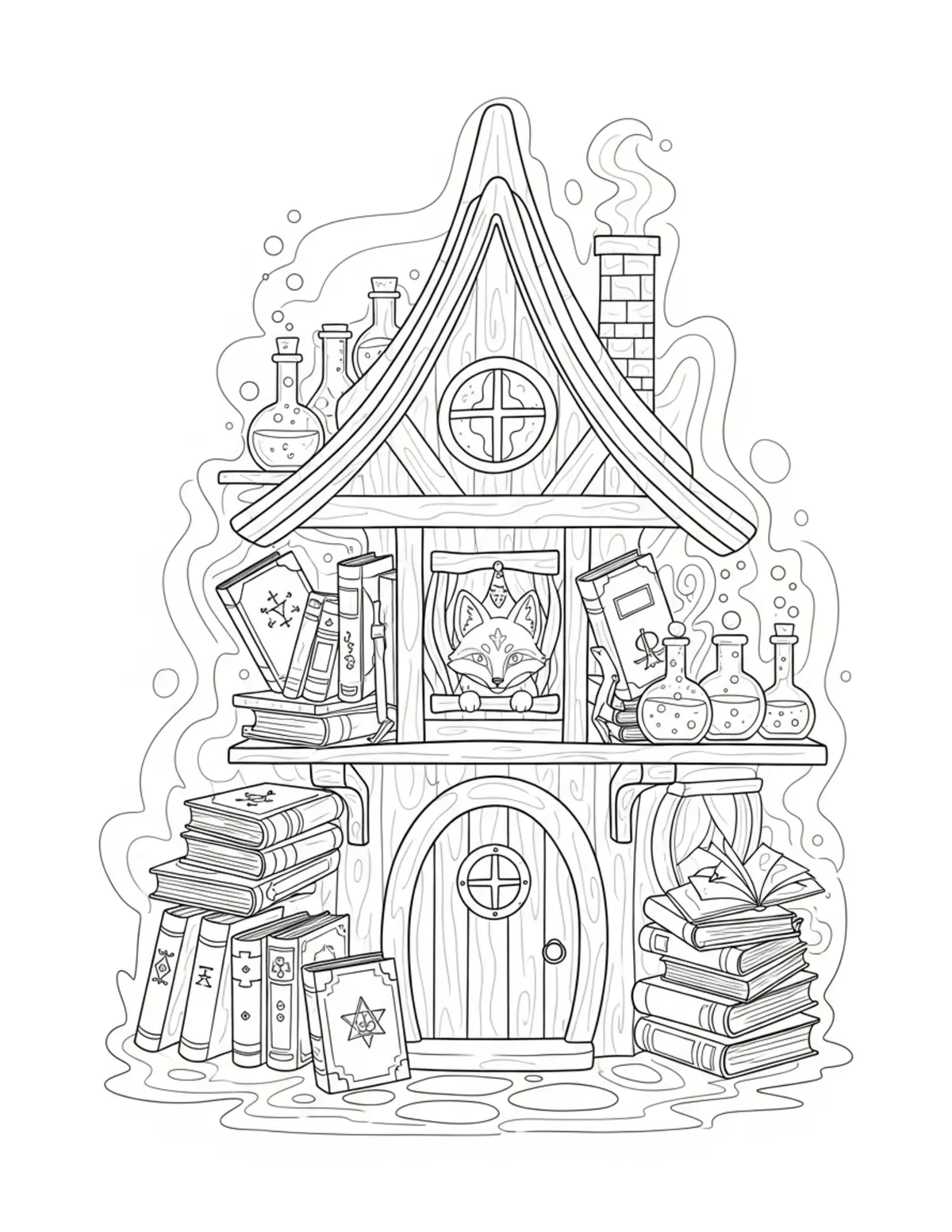 Free printable coloring page: fox wizard cottage ma coloring page. Cute and cozy design for kids and adults to download and print.