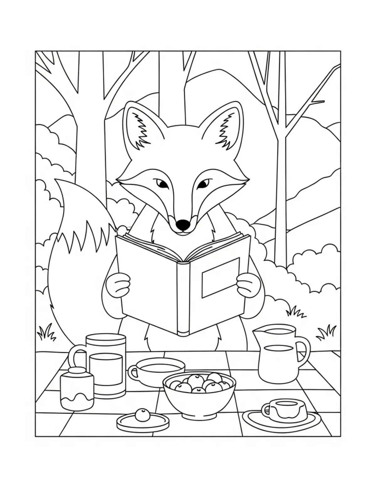 Free printable coloring page: fox woodland reading picnic coloring page. Cute and cozy bookstore and reading design for kids and adults to download and print.