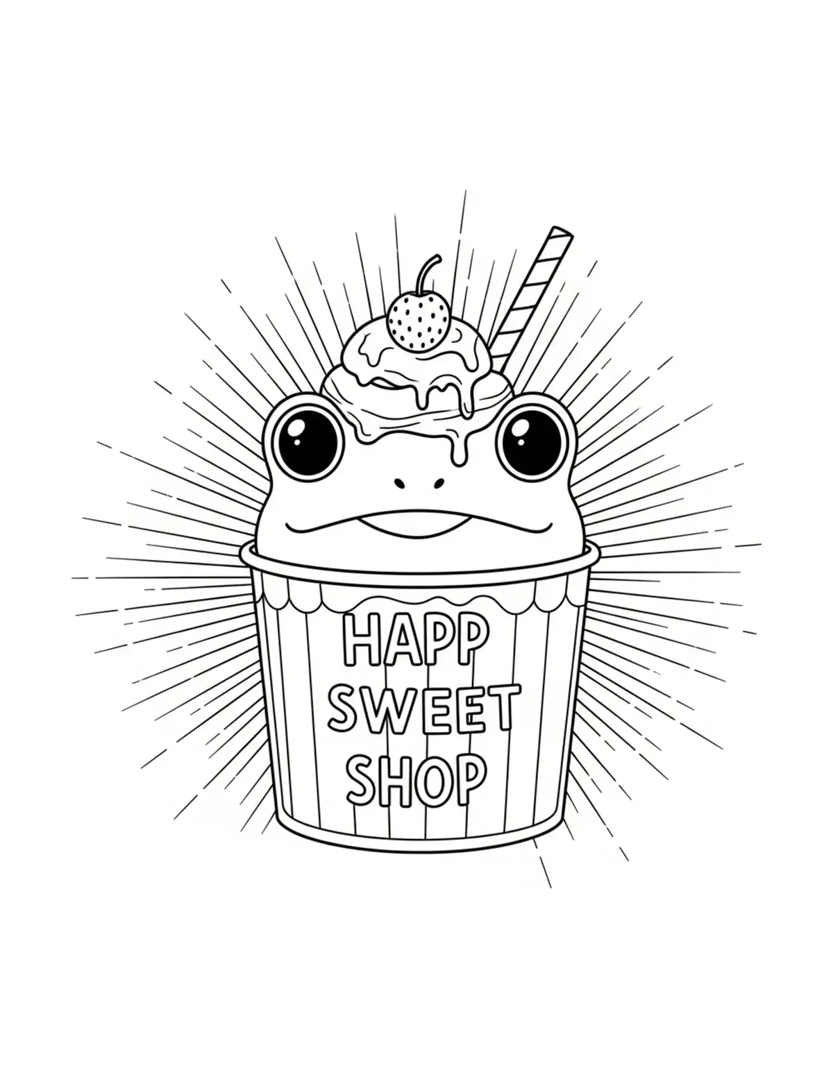 Free printable coloring page: frog sweet dessert shop coloring page. Cute and cozy design for kids and adults to download and print.