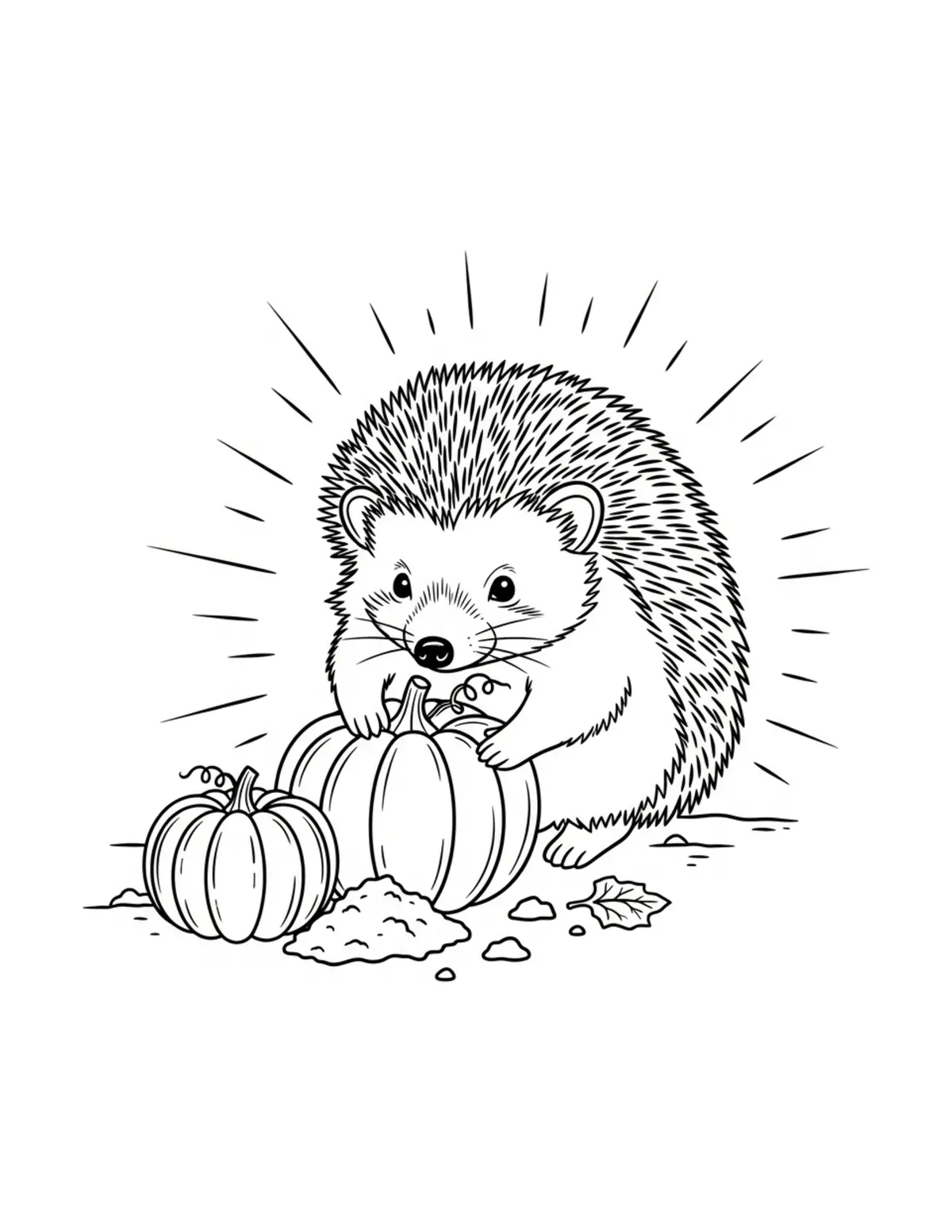 Free printable coloring page: hedgehog planting pumpkins coloring page. Cute and cozy hedgehog garden design for kids and adults to download and print.