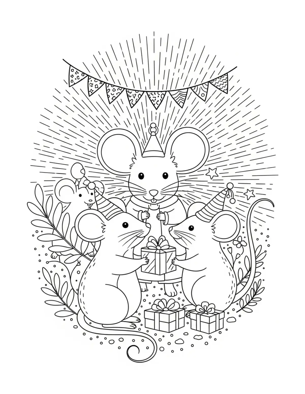 Free printable coloring page: mouse woodland celebration coloring page. Cute and cozy mouse tea party design for kids and adults to download and print.