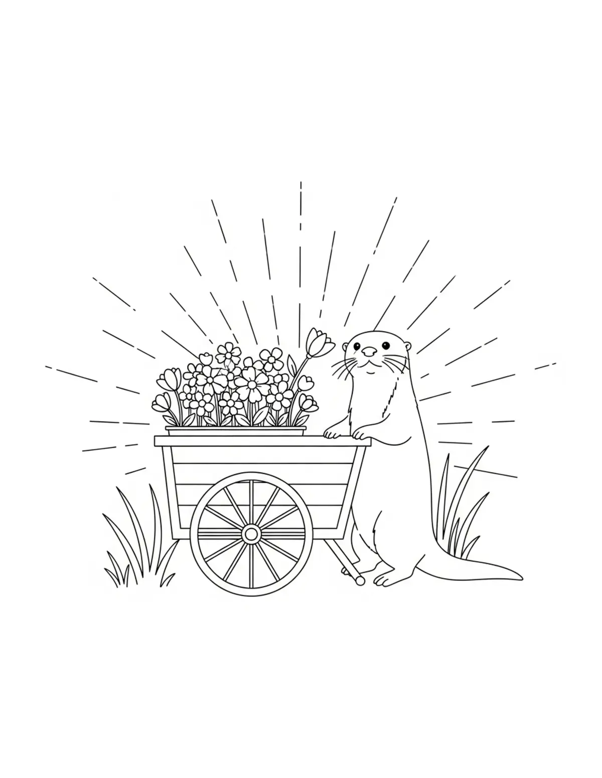Otter Flower Cart Scene coloring page - free printable JPG featuring adorable otters