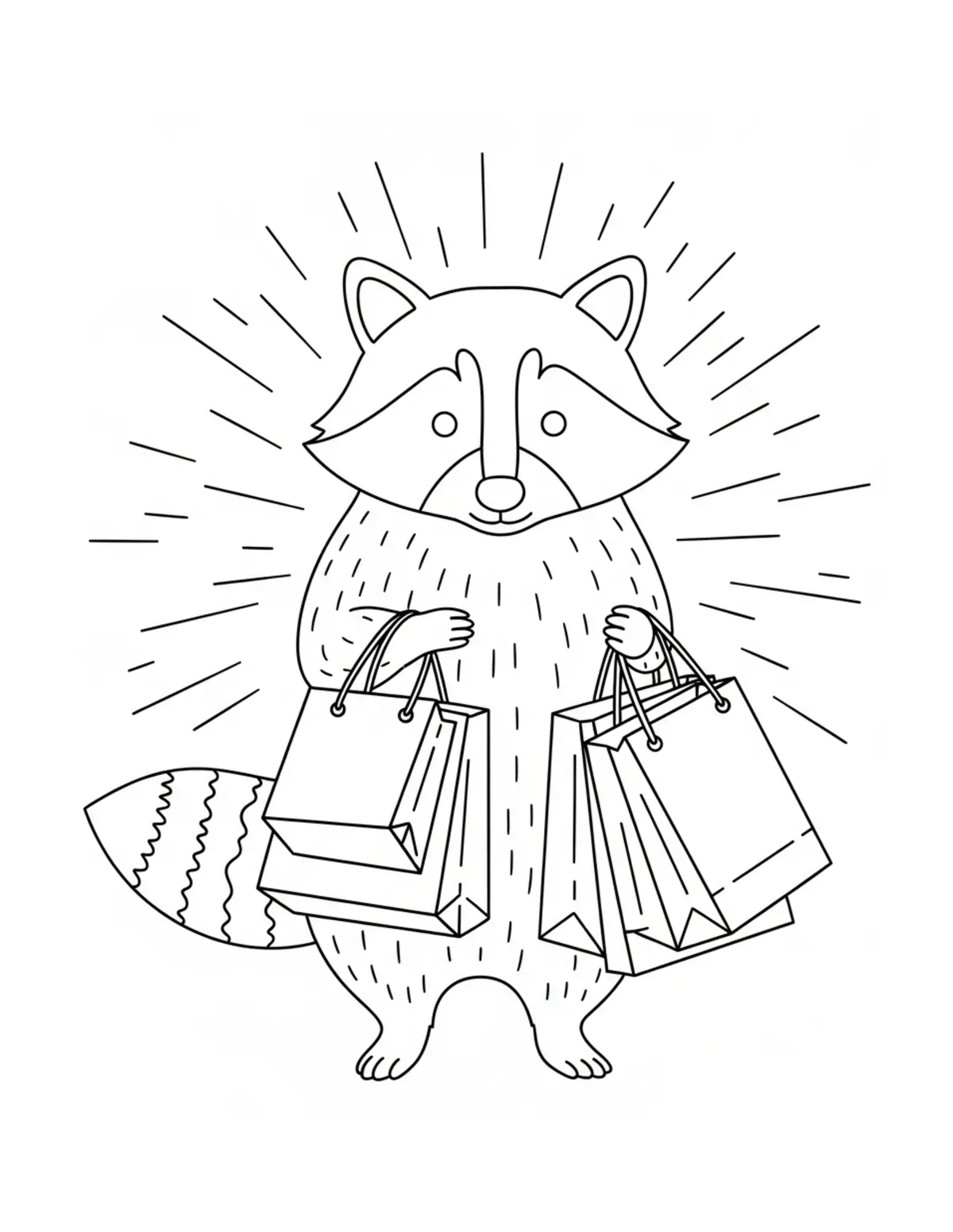 Raccoon Woodland Shopping coloring page - free printable JPG featuring adorable raccoons at a market