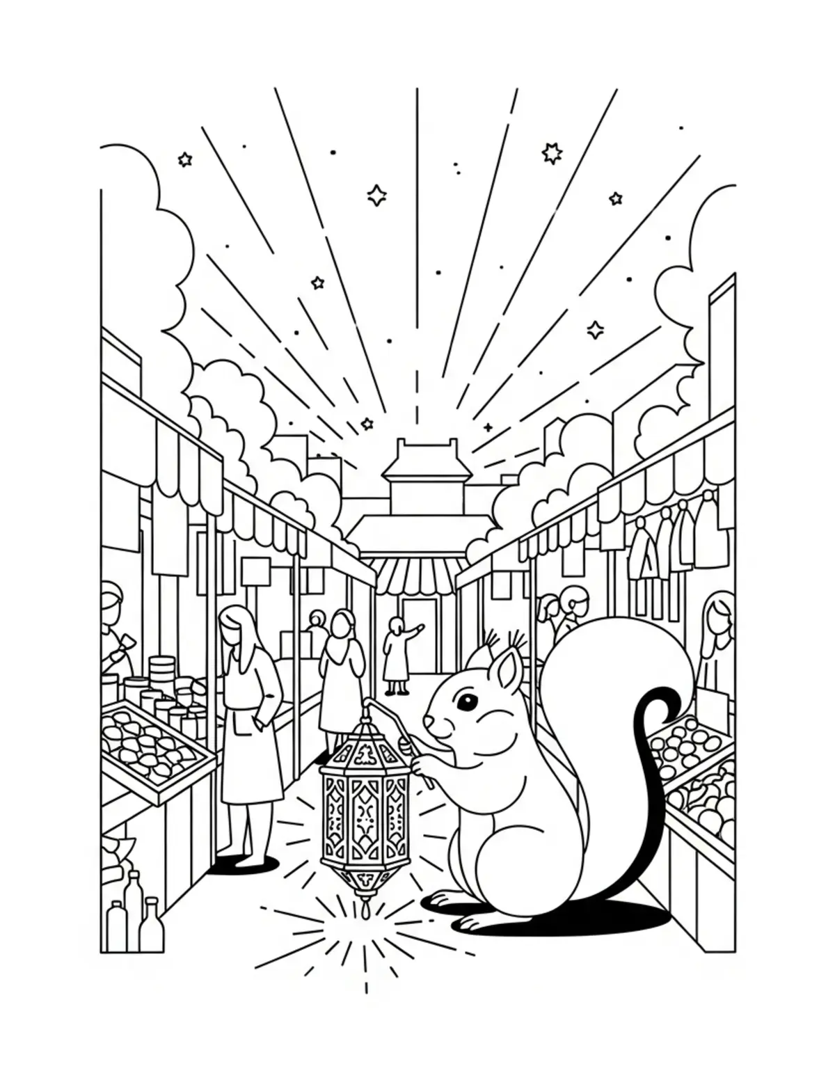 Squirrel Lantern Evening Market coloring page - free printable JPG featuring adorable squirrels in a woodland scene