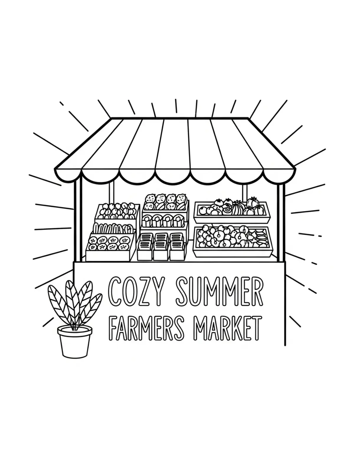 Free printable coloring page: cozy summer farmers market coloring page. Cute and cozy summer design for kids and adults to download and print.