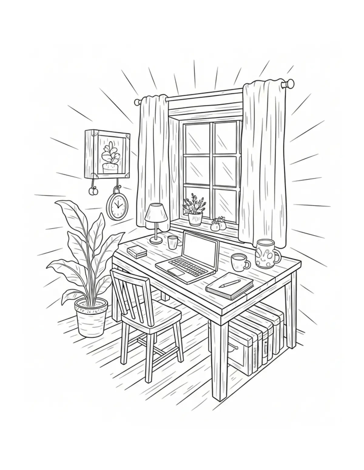 Free printable coloring page: cozy writing retreat coloring page. Cute and cozy design for kids and adults to download and print.