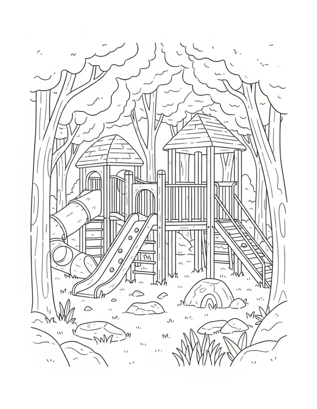 Free printable coloring page: hidden-woodland-playground coloring page. Cute and cozy design for kids and adults to download and print.