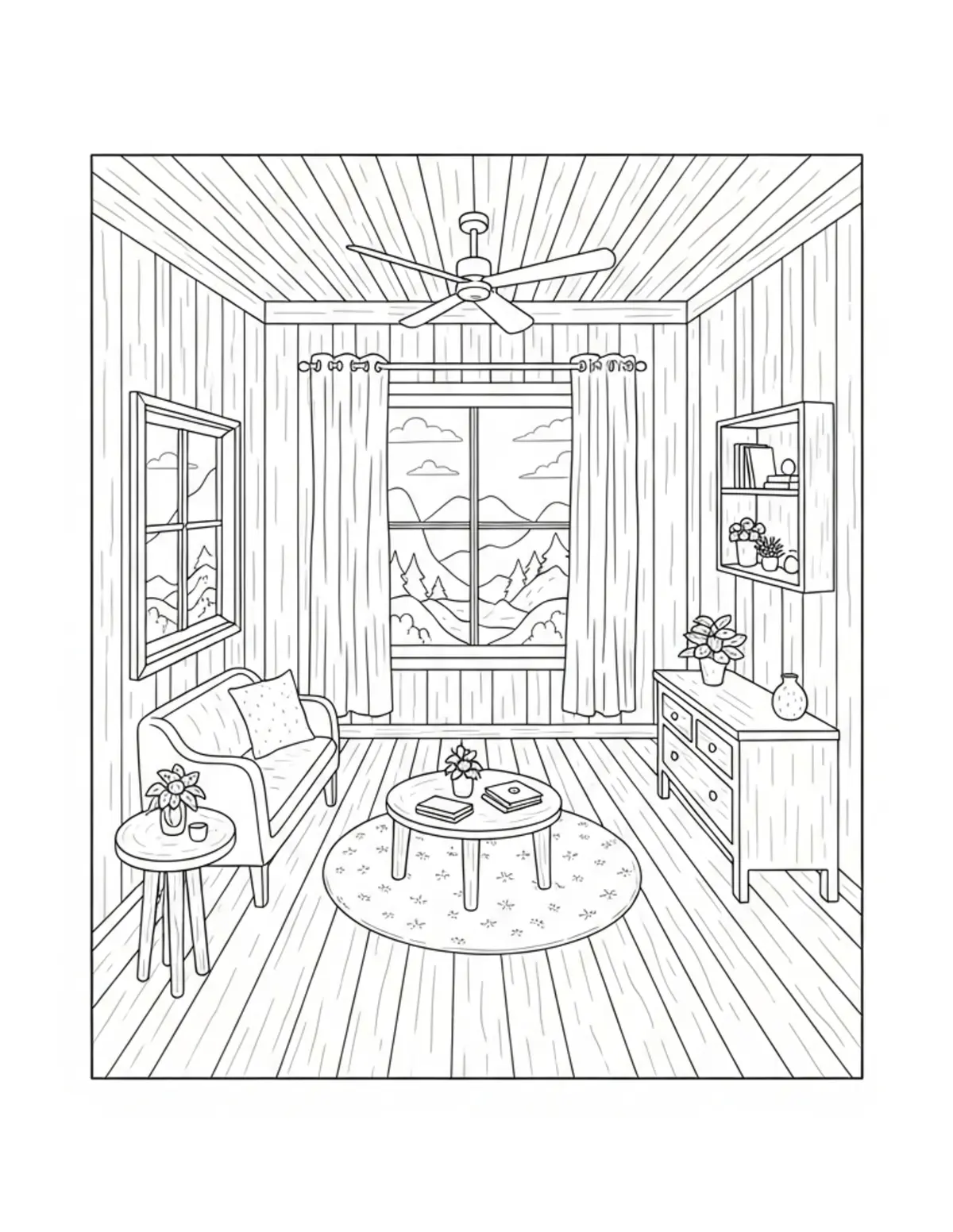 Free printable coloring page: cozy nature observation room coloring page. Cute and cozy design for kids and adults to download and print.
