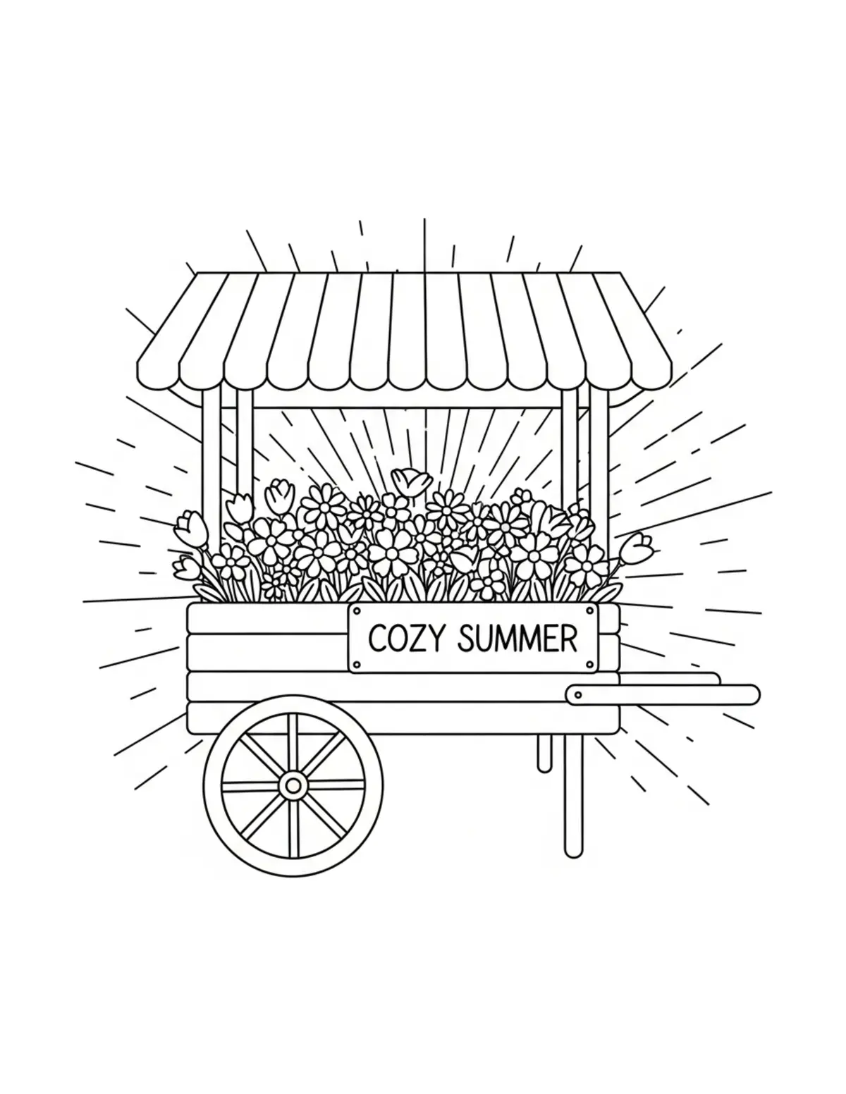 Free printable coloring page: cozy summer flower cart coloring page. Cute and cozy summer design for kids and adults to download and print.