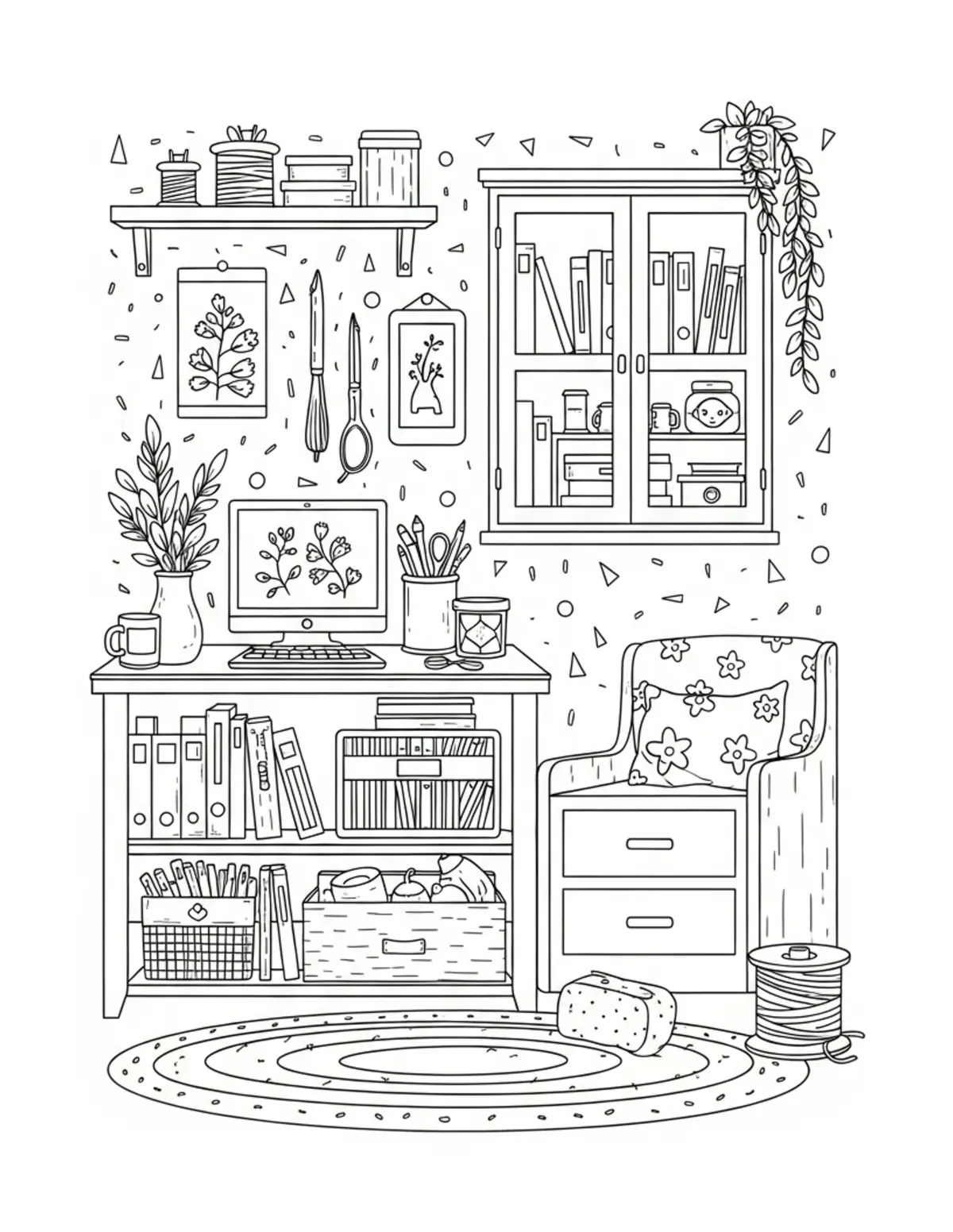 Free printable coloring page: cozy handmade crafts room coloring page. Cute and cozy design for kids and adults to download and print.