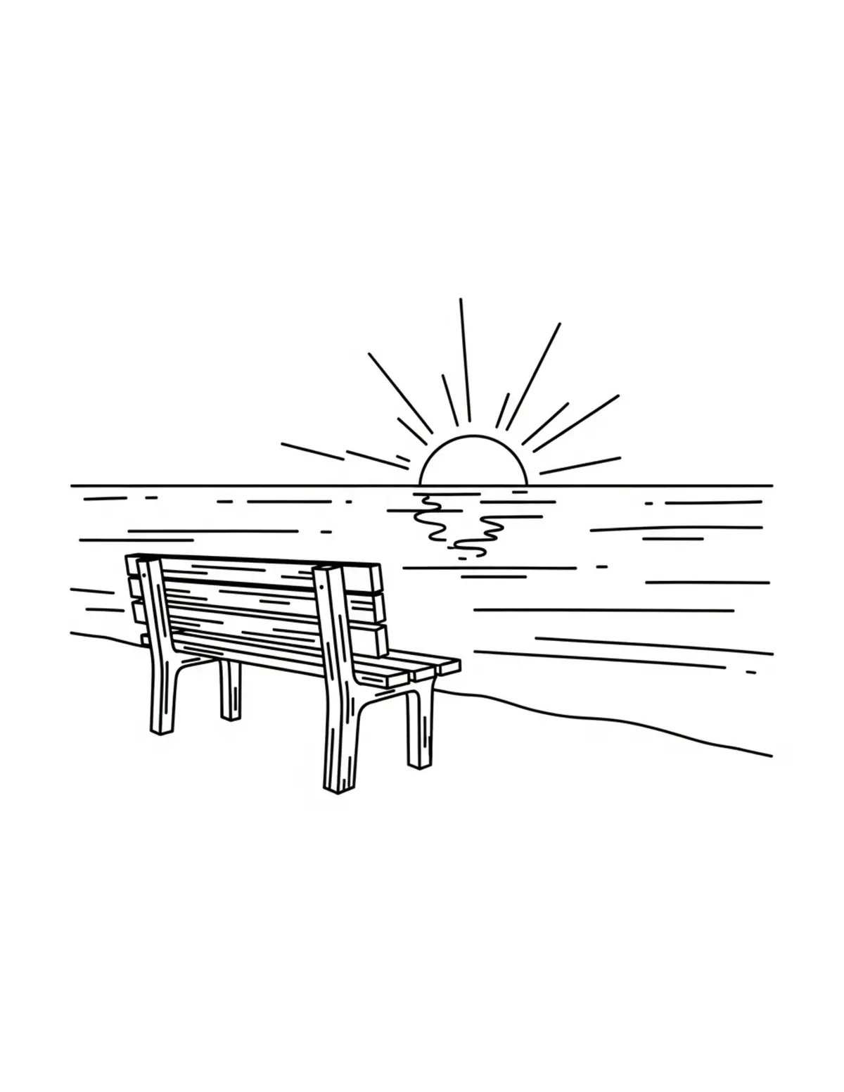 Free printable coloring page: cozy sunset lakeside bench coloring page. Cute and cozy summer design for kids and adults to download and print.
