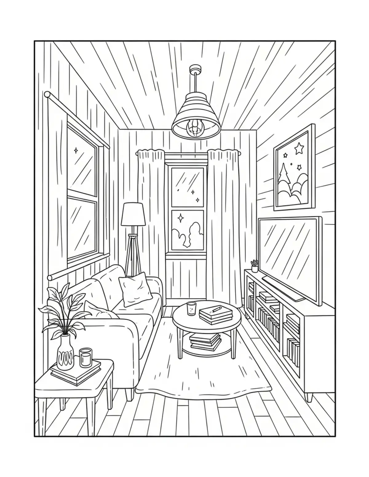 Free printable coloring page: cozy stargazing room coloring page. Cute and cozy design for kids and adults to download and print.