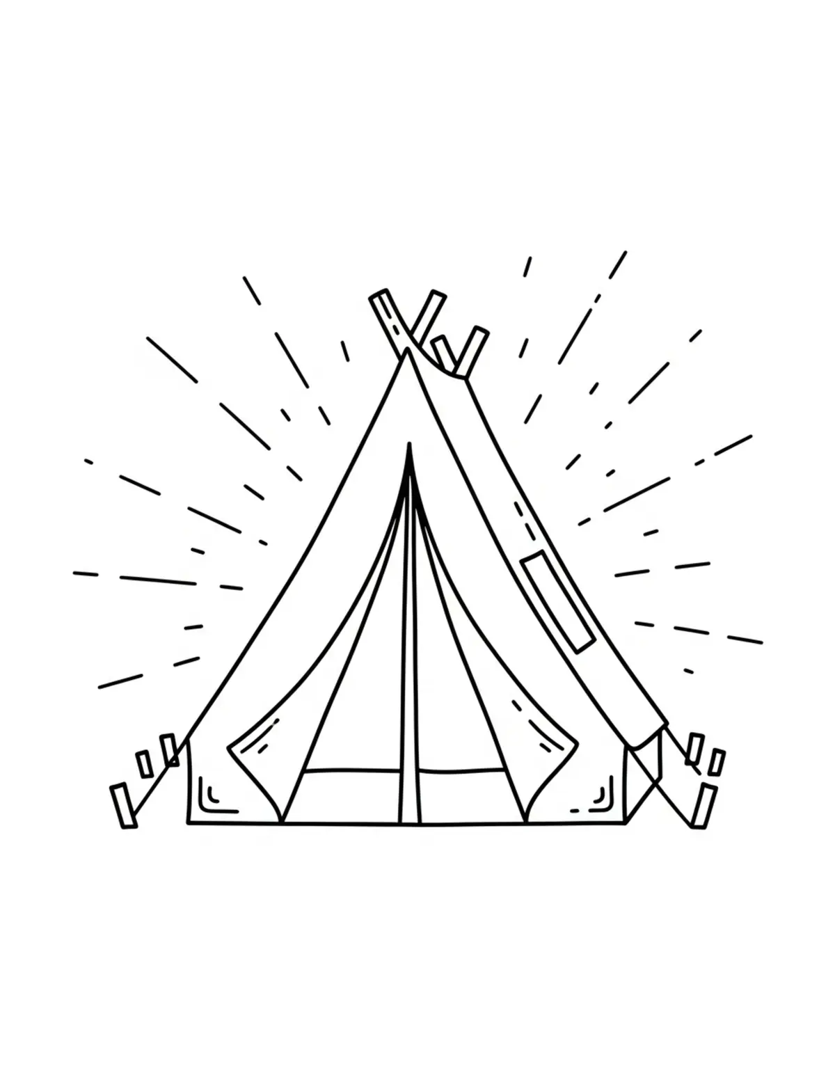 Free printable coloring page: cozy summer camp tent coloring page. Cute and cozy summer design for kids and adults to download and print.