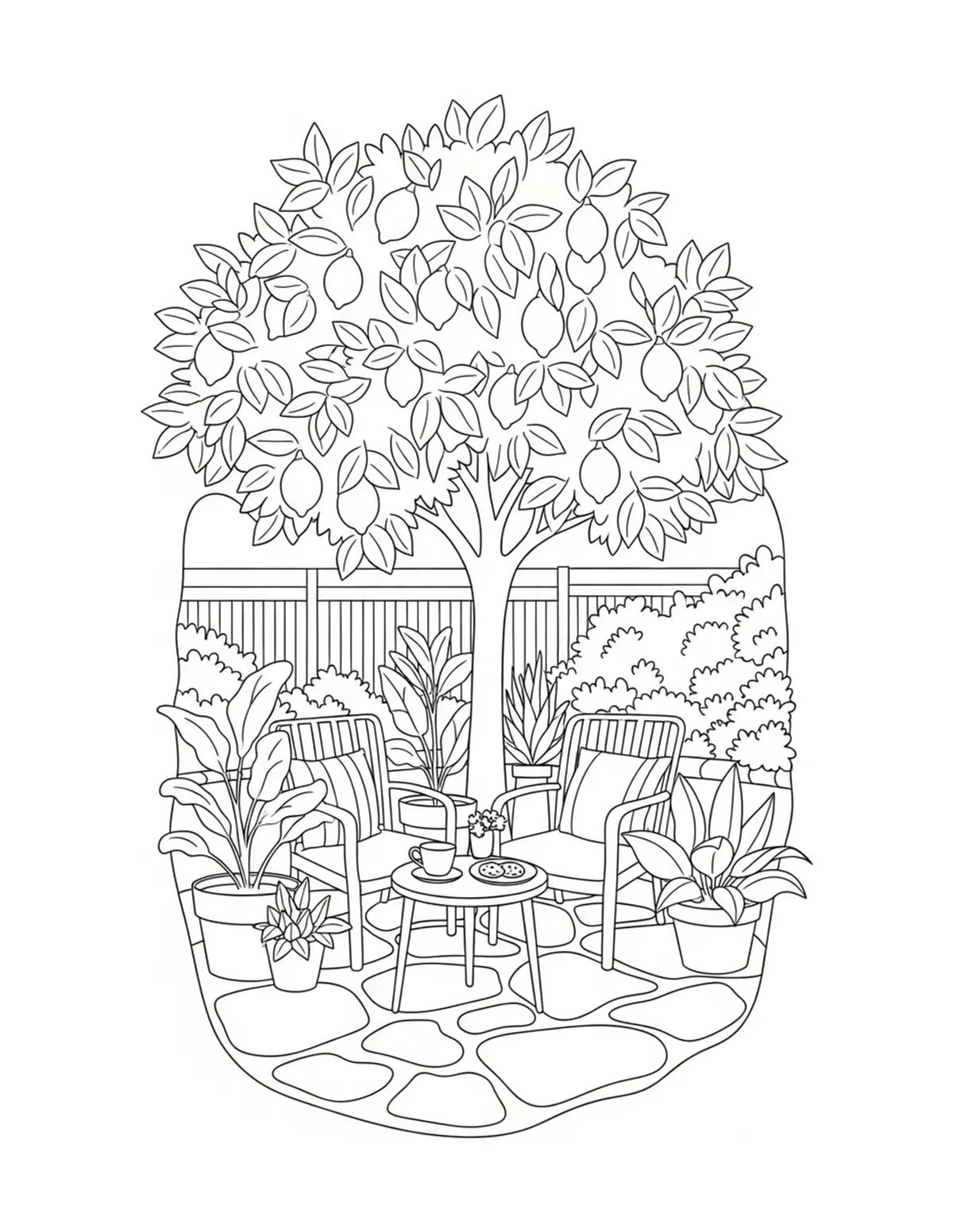 Free printable coloring page: cozy backyard lemon tree corne coloring page. Cute and cozy summer design for kids and adults to download and print.
