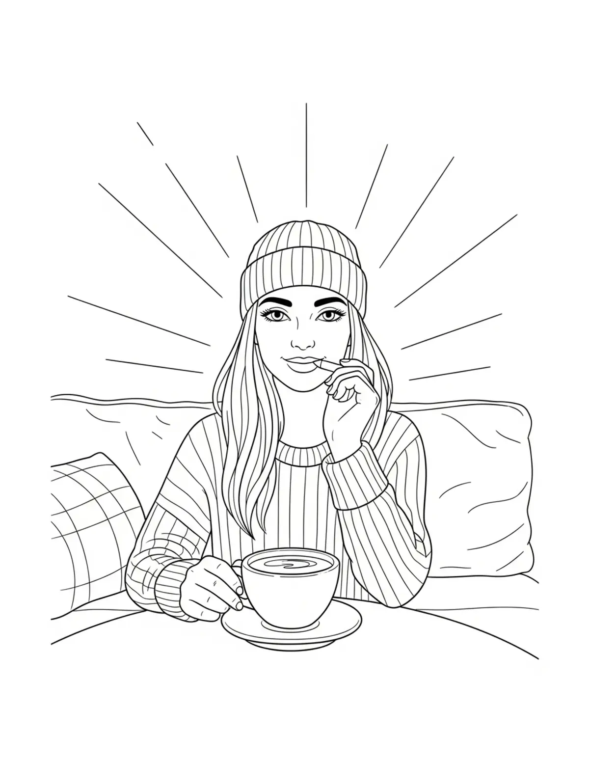 Free printable coloring page: cozy morning coffee nook coloring page. Cute and cozy design for kids and adults to download and print.