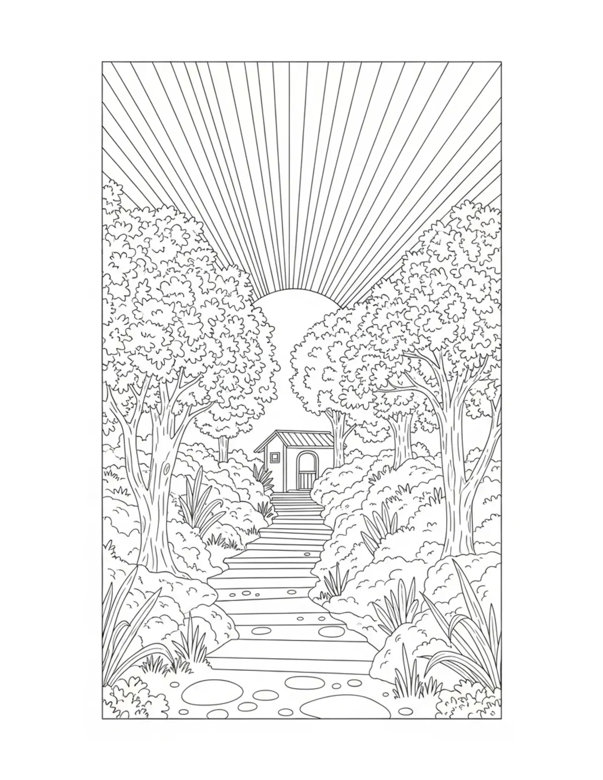 Free printable coloring page: secret-forest-courtyard coloring page. Cute and cozy design for kids and adults to download and print.