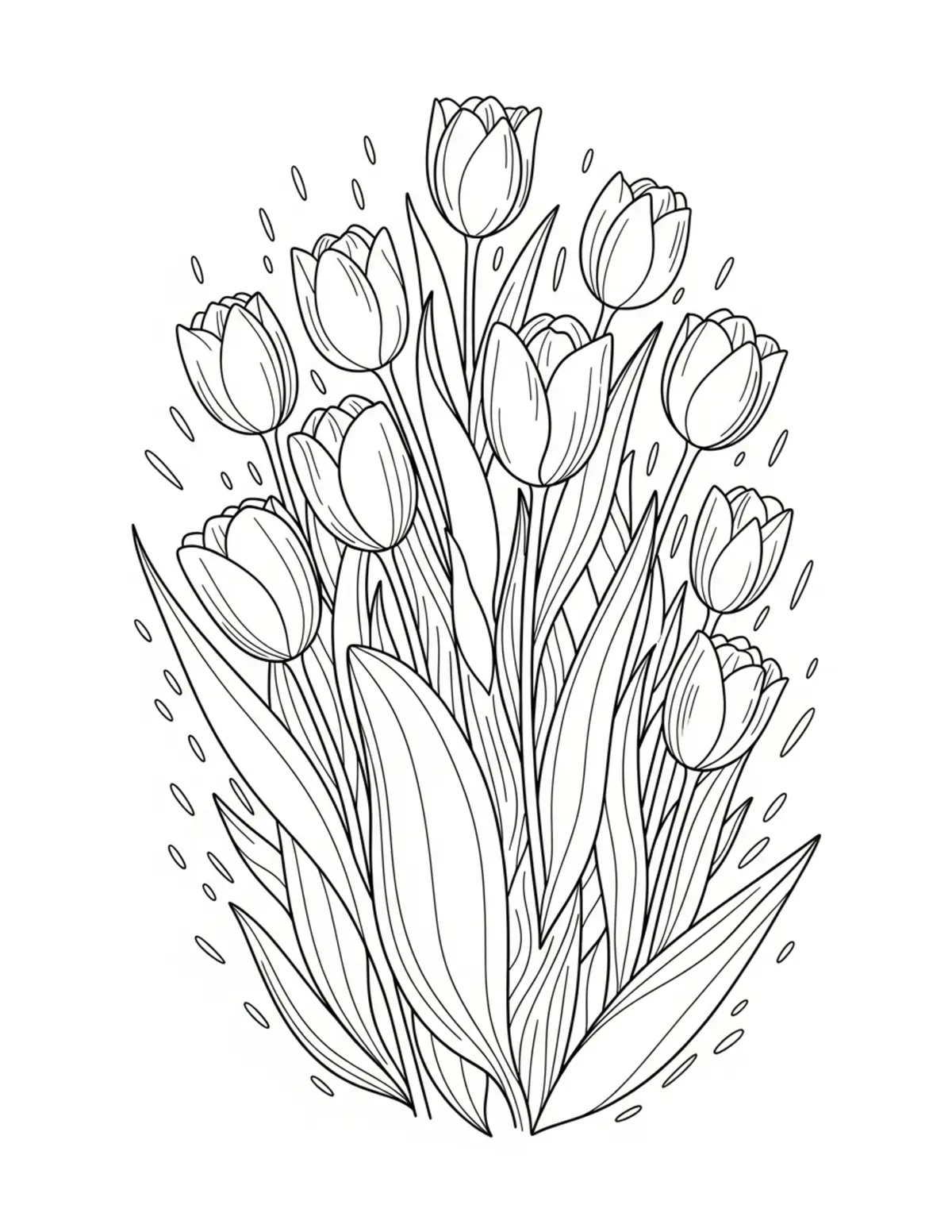 Free printable coloring page: bold-easy-tulip-garden coloring page. Cute and cozy design for kids and adults to download and print.