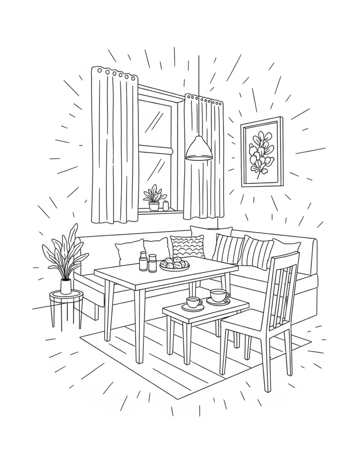 Free printable coloring page: cozy indoor picnic corner coloring page. Cute and cozy design for kids and adults to download and print.