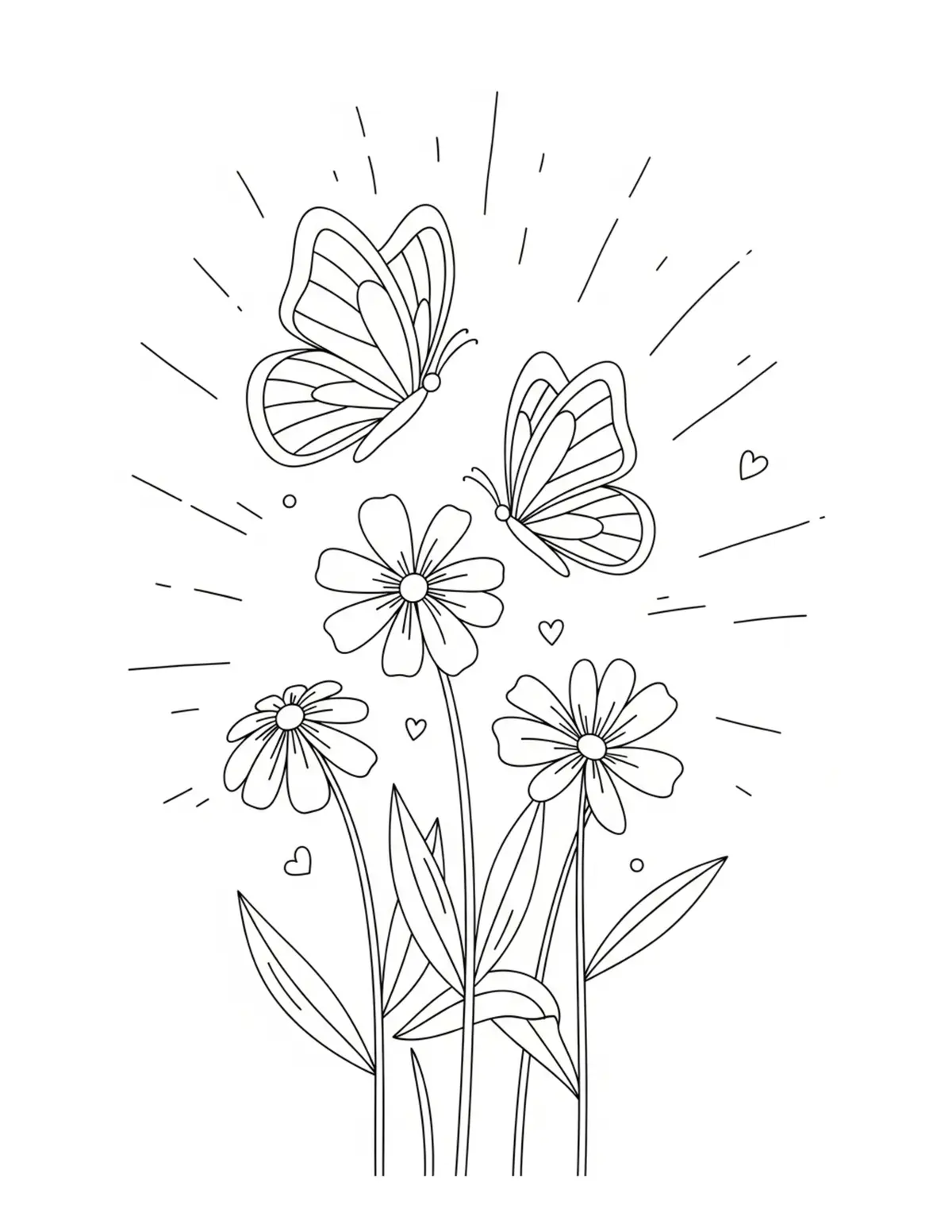 Free printable coloring page: cozy summer butterfly garden coloring page. Cute and cozy summer design for kids and adults to download and print.