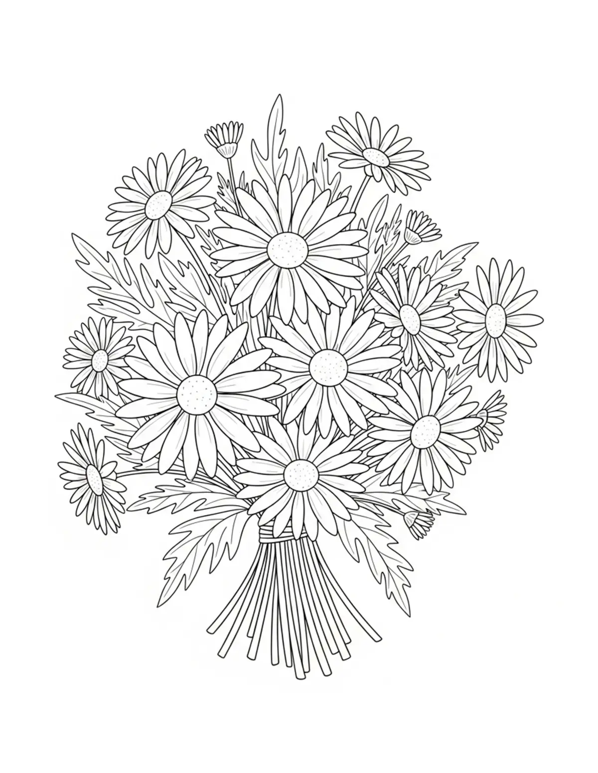 Free printable coloring page: bold-easy-daisy-bouquet coloring page. Cute and cozy design for kids and adults to download and print.