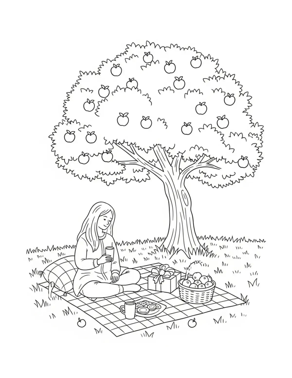 Free printable coloring page: cozy picnic under apple tree coloring page. Cute and cozy summer design for kids and adults to download and print.
