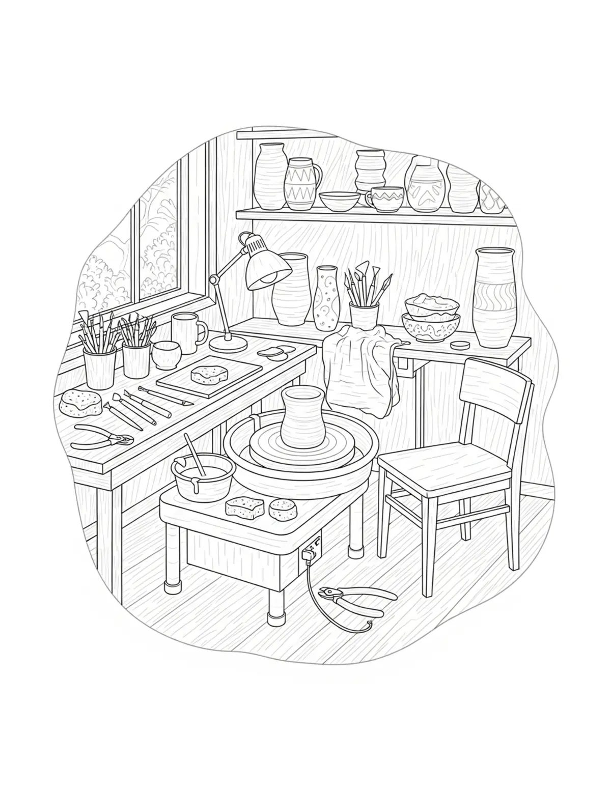 Free printable coloring page: cozy pottery workspace coloring page. Cute and cozy design for kids and adults to download and print.