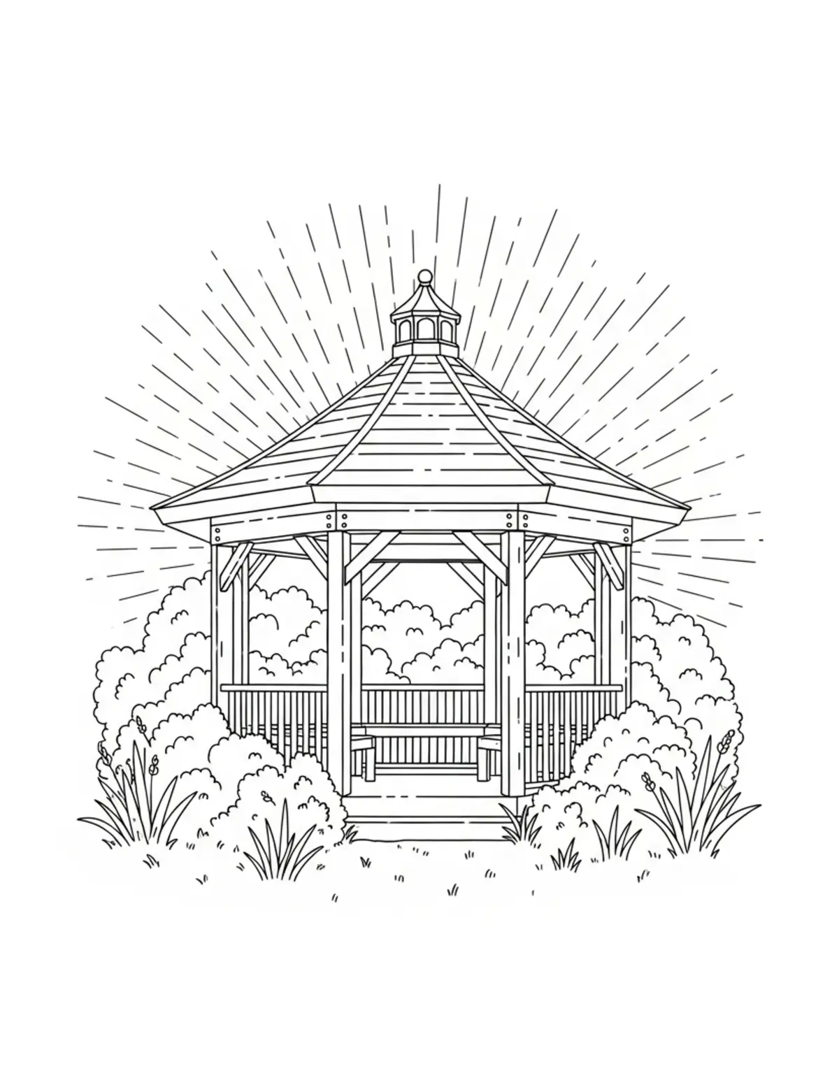 Free printable coloring page: hidden-woodland-gazebo coloring page. Cute and cozy design for kids and adults to download and print.
