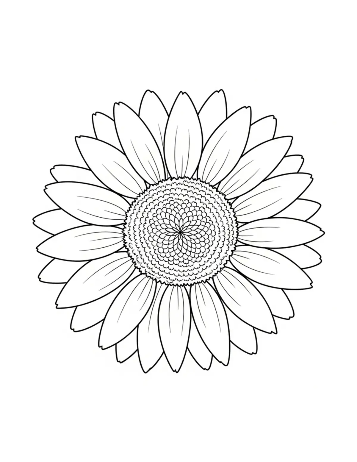 Free printable coloring page: bold-easy-sunflower coloring page. Cute and cozy design for kids and adults to download and print.