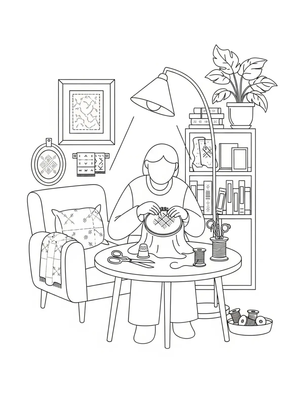 Free printable coloring page: cozy embroidery studio coloring page. Cute and cozy design for kids and adults to download and print.