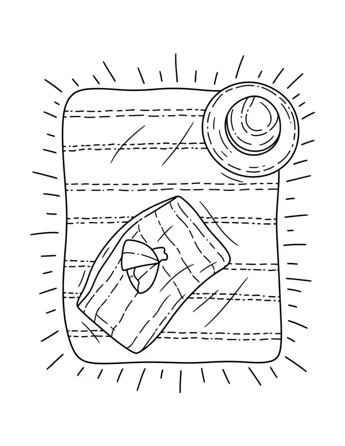 Free printable coloring page: cozy summer beach blanket coloring page. Cute and cozy summer design for kids and adults to download and print.