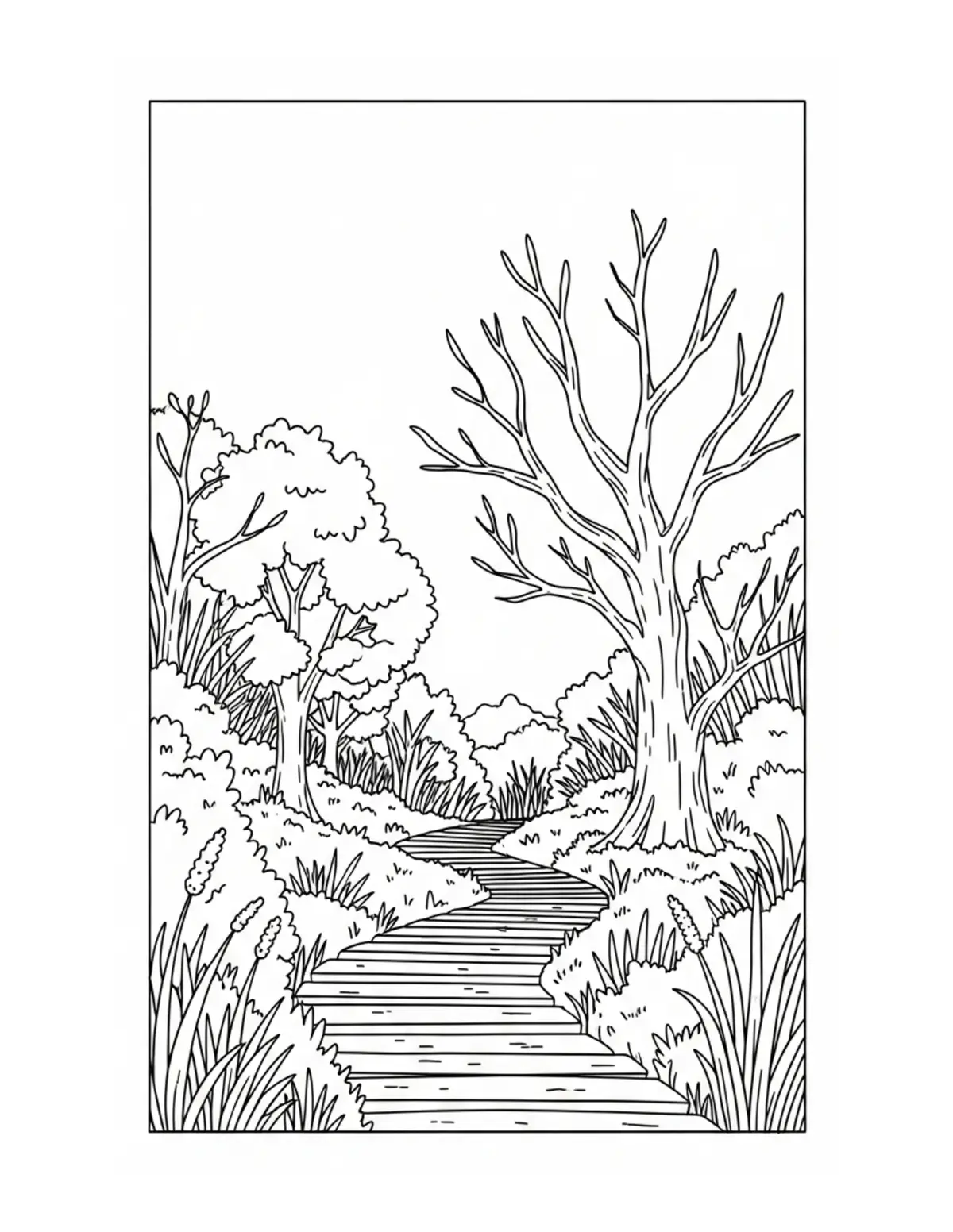 Free printable coloring page: secret-meadow-pathway coloring page. Cute and cozy design for kids and adults to download and print.