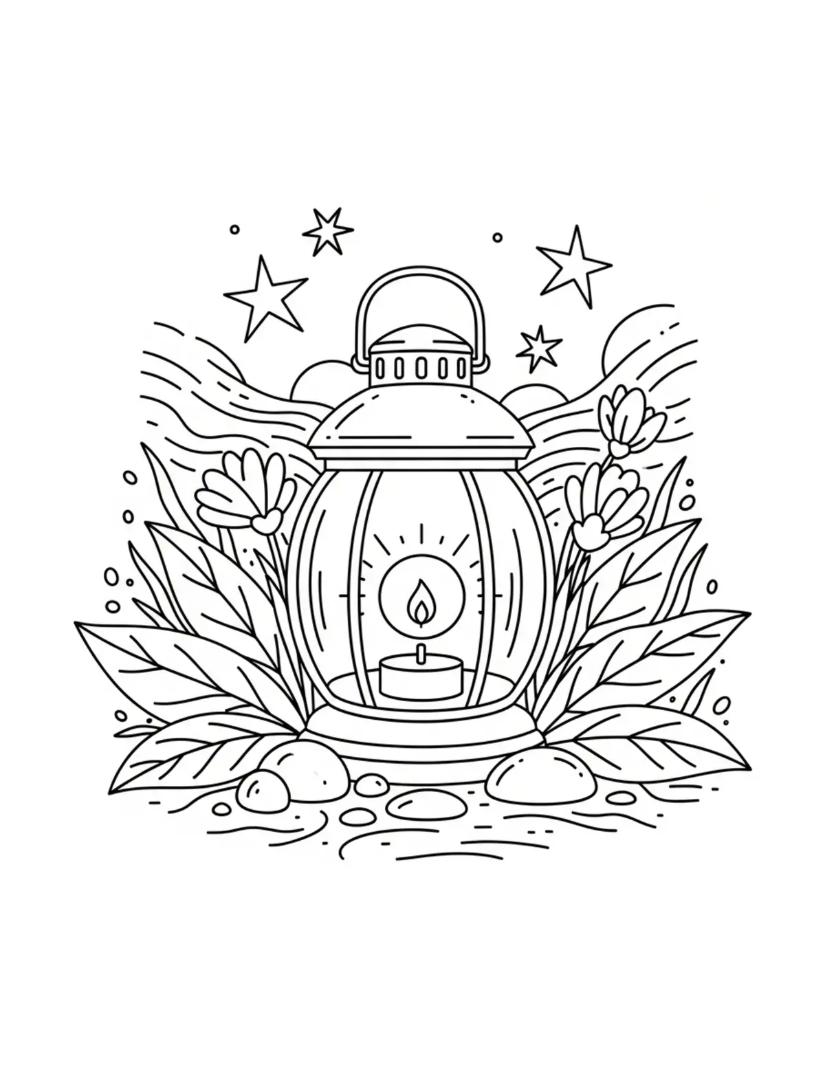 Free printable coloring page: cozy garden lantern evening coloring page. Cute and cozy summer design for kids and adults to download and print.