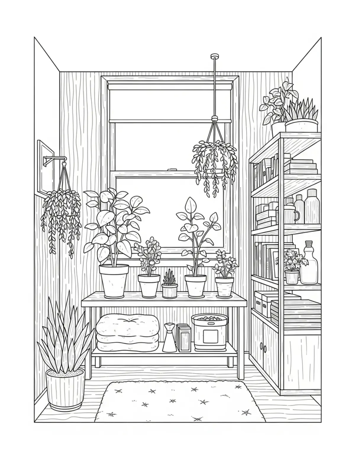 Free printable coloring page: cozy plant propagation room coloring page. Cute and cozy design for kids and adults to download and print.