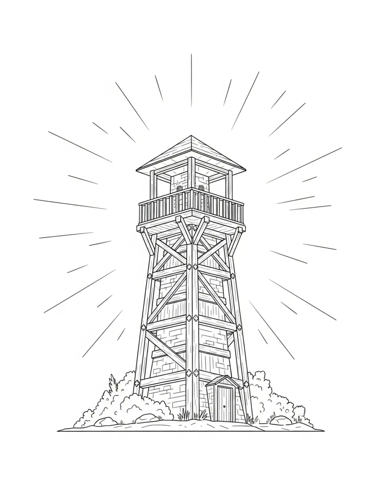 Free printable coloring page: mystery-forest-watchtower coloring page. Cute and cozy design for kids and adults to download and print.