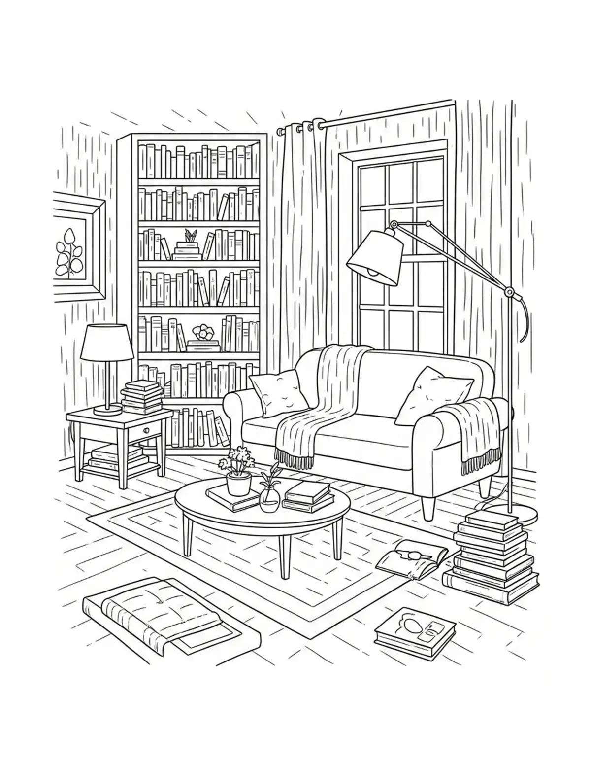 Free printable coloring page: cozy book collectors room coloring page. Cute and cozy design for kids and adults to download and print.
