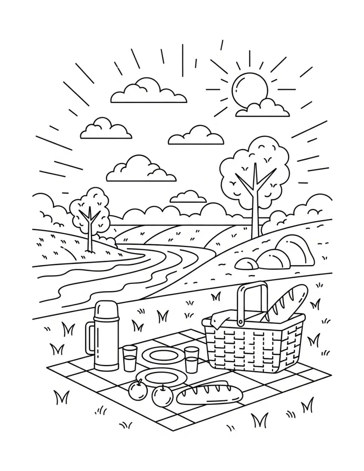 Free printable coloring page: cozy summer river picnic coloring page. Cute and cozy summer design for kids and adults to download and print.
