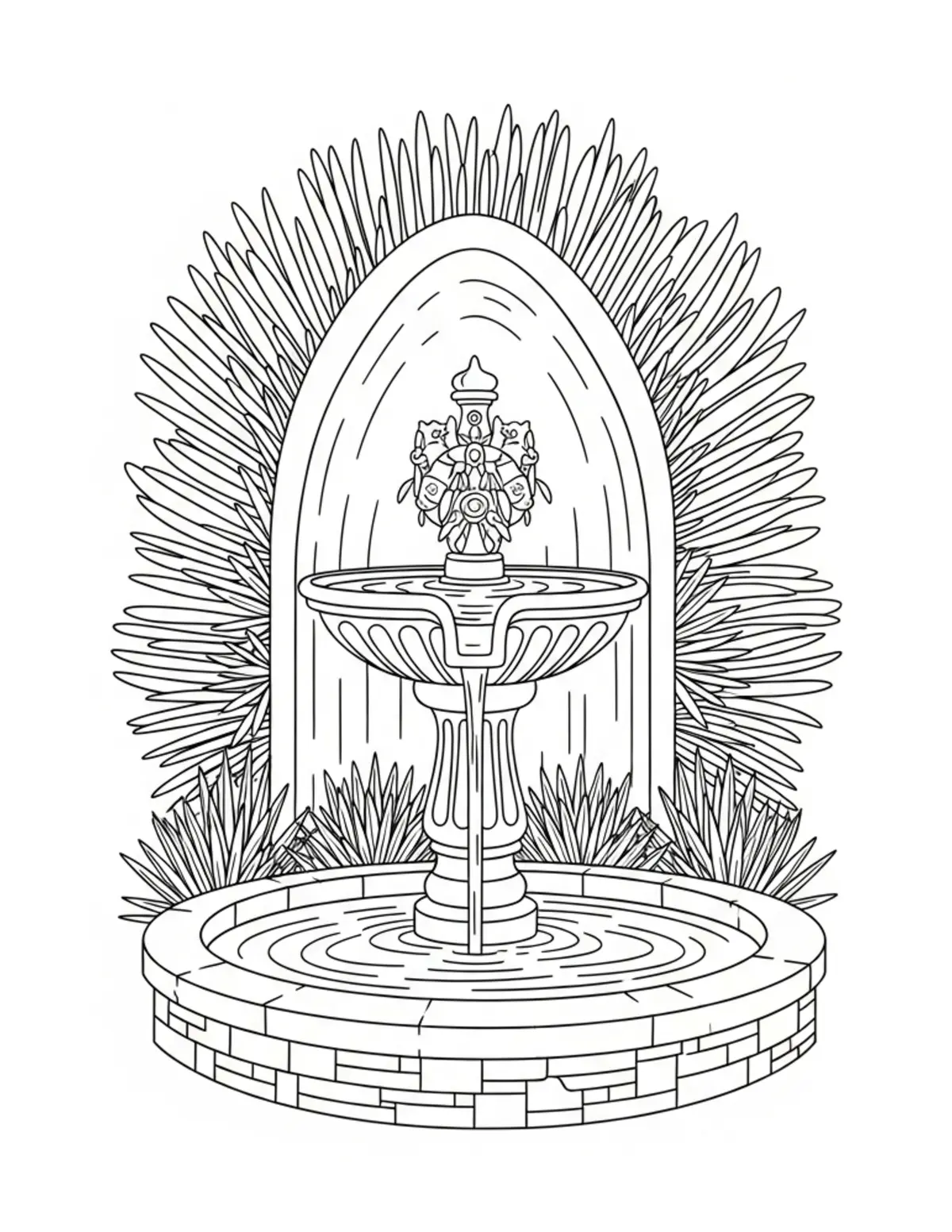 Free printable coloring page: hidden-woodland-fountain coloring page. Cute and cozy design for kids and adults to download and print.