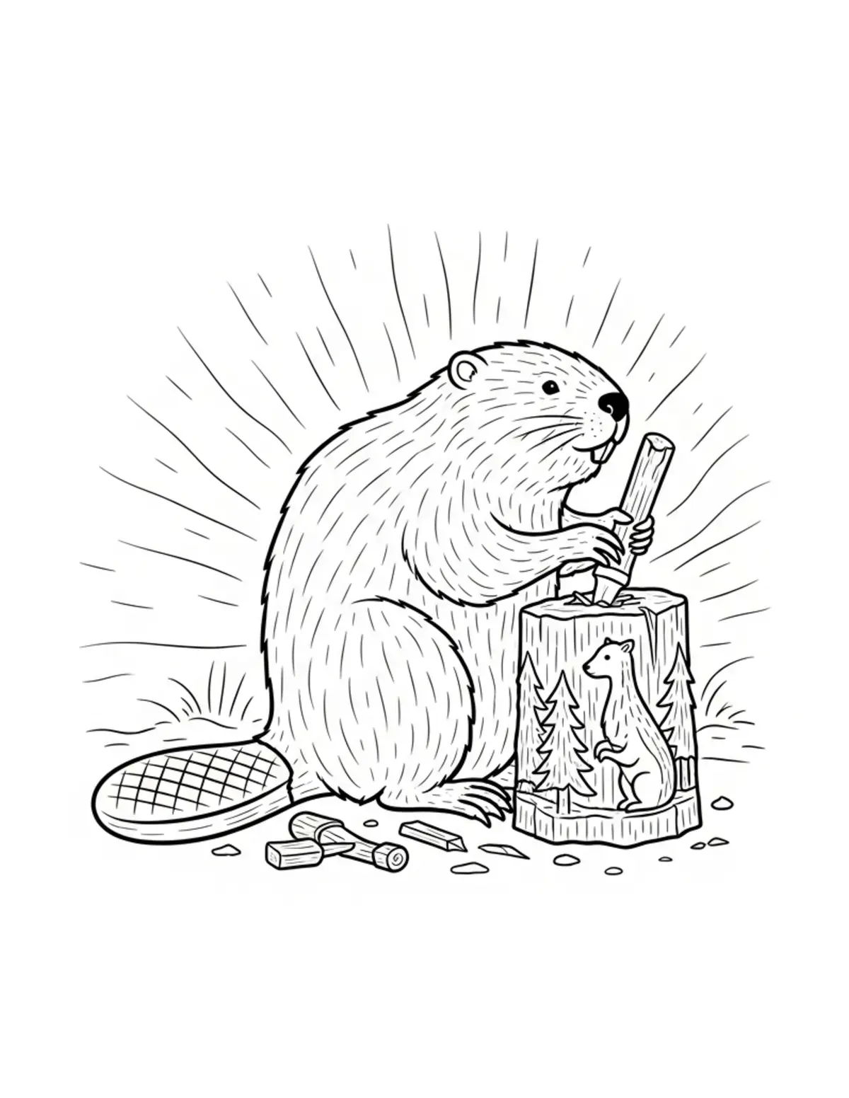 Beaver Carving Woodland Animal Figures Coloring Page - free printable JPG featuring adorable woodland beaver