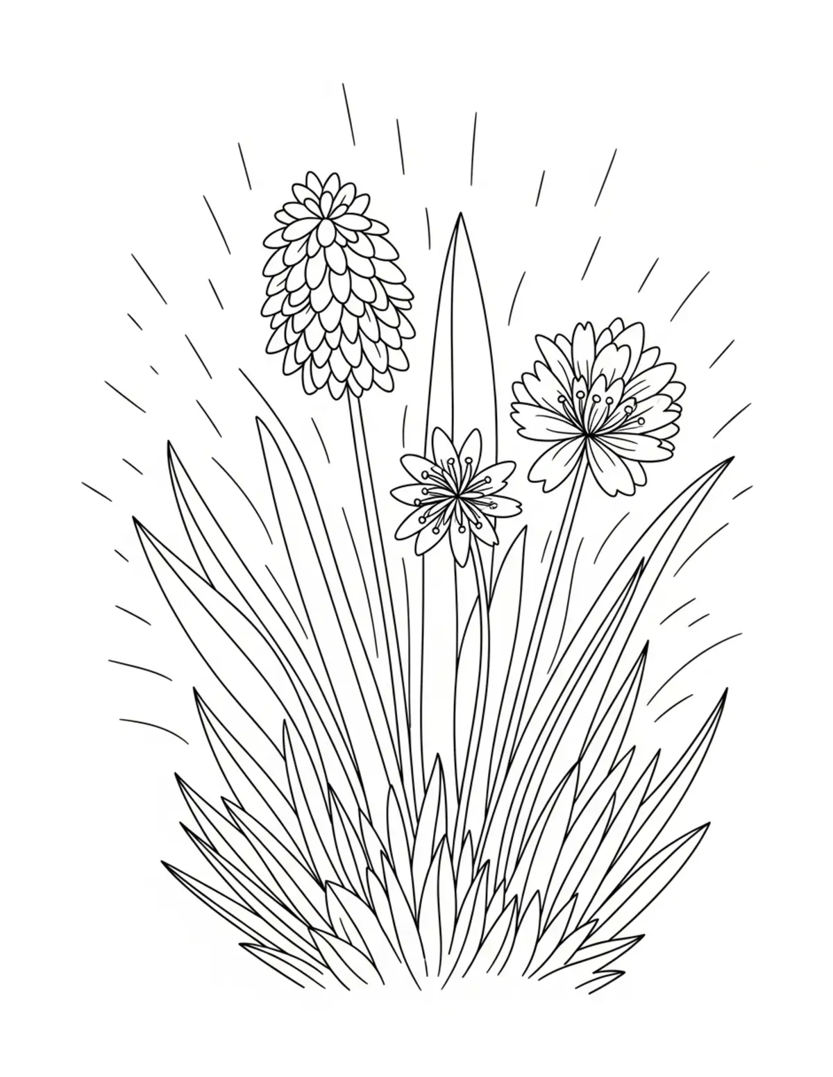 Free printable coloring page: bold-easy-spring-garden coloring page. Cute and cozy design for kids and adults to download and print.