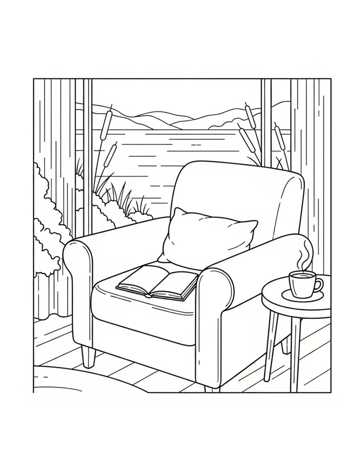 Free printable coloring page: cozy lakeside reading chair coloring page. Cute and cozy summer design for kids and adults to download and print.