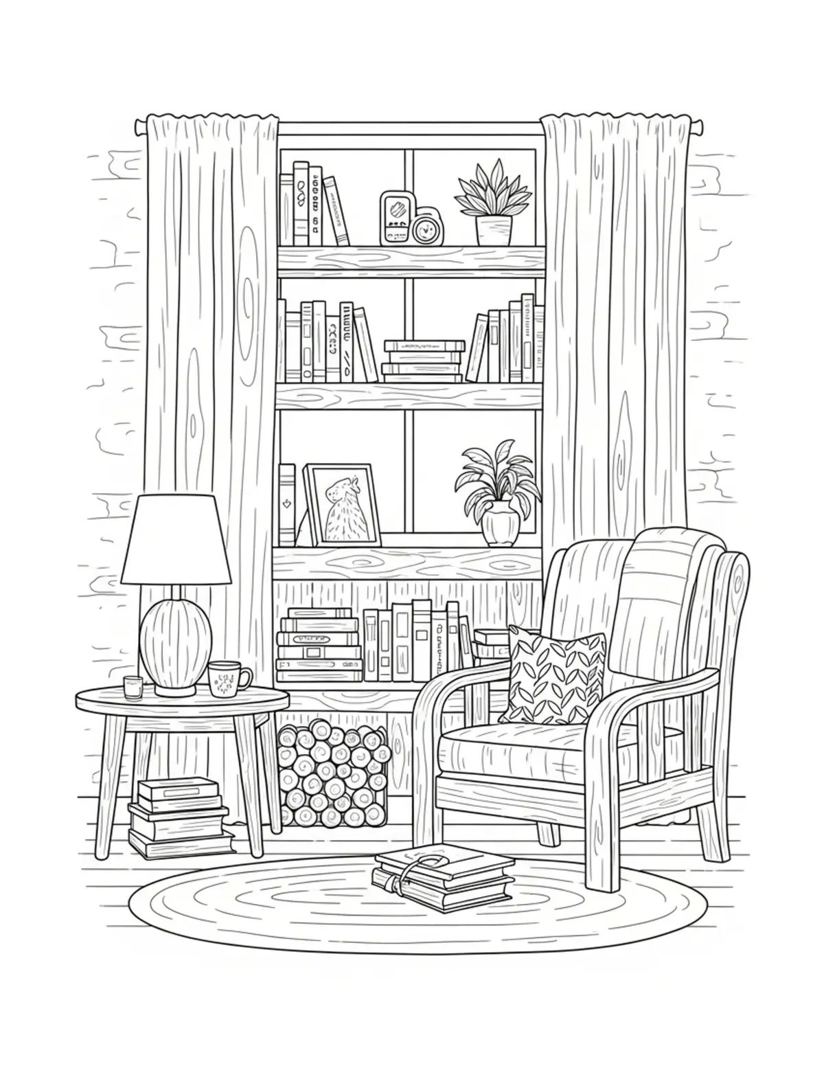 Free printable coloring page: cozy rustic reading space coloring page. Cute and cozy design for kids and adults to download and print.