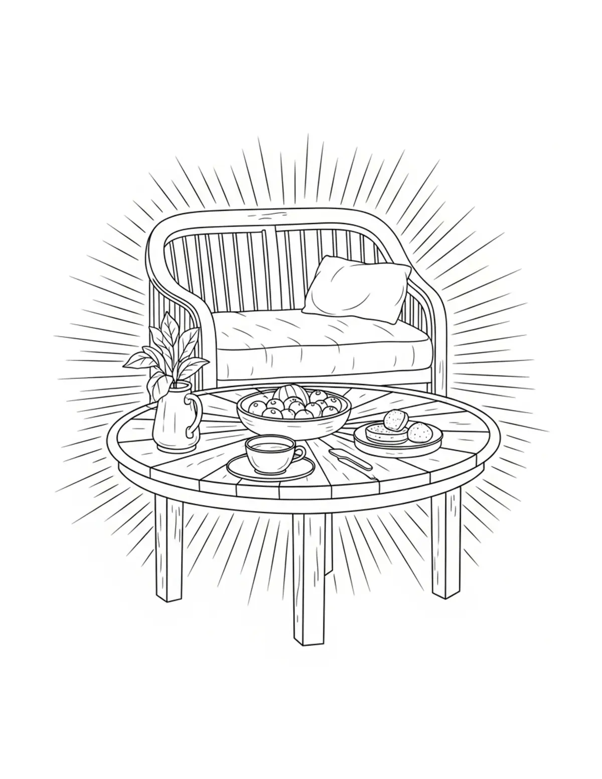 Free printable coloring page: cozy summer outdoor puzzle tab coloring page. Cute and cozy summer design for kids and adults to download and print.