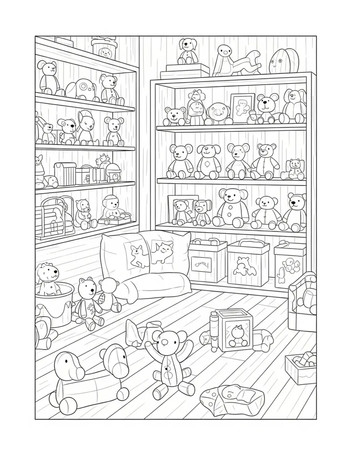 Cozy Play Area Inside A Toy Sh Coloring Page - free printable JPG featuring adorable tiny animal village scene