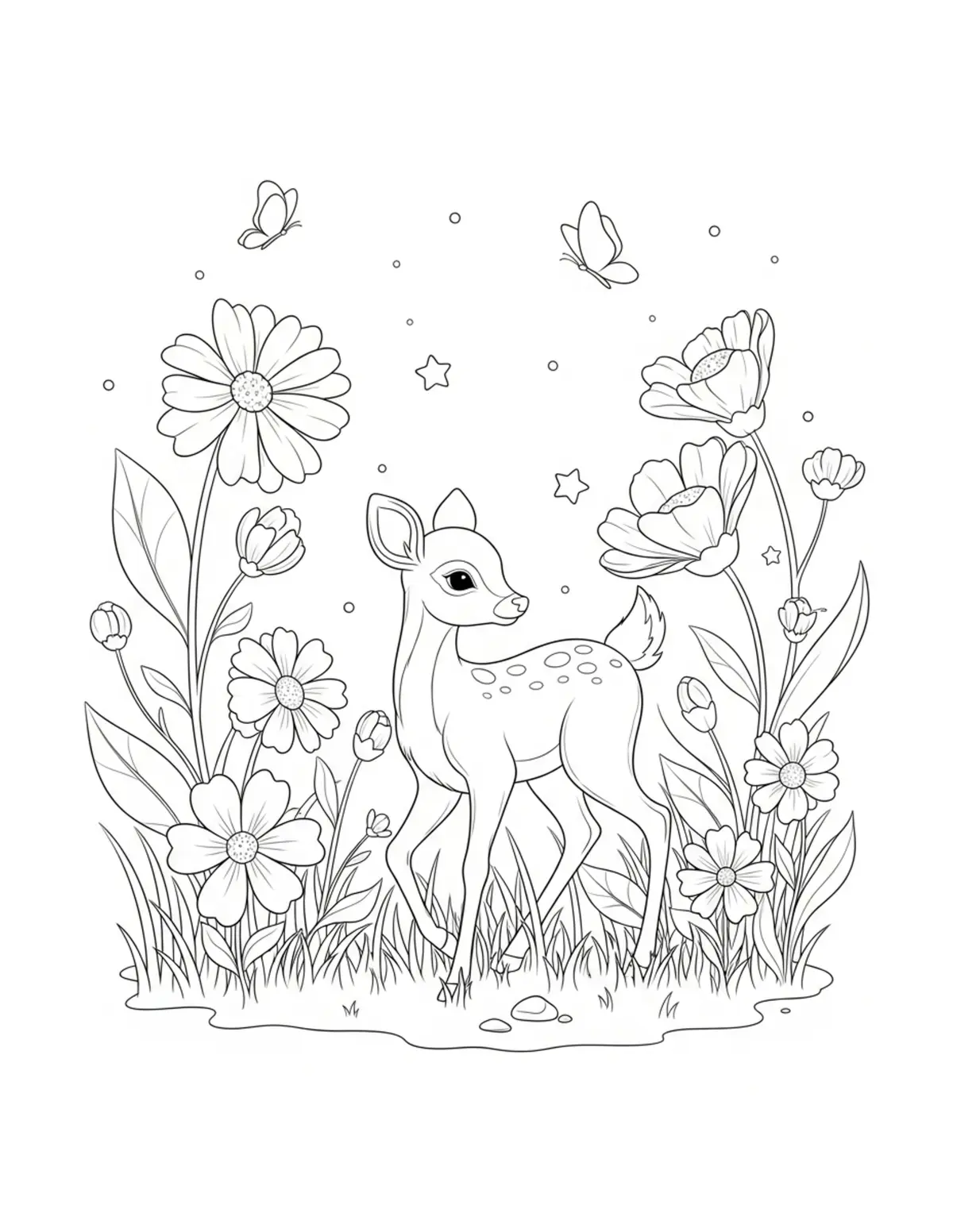 Cute Deer Flower Meadow Colori — free printable cozy coloring coloring page for kids and adults