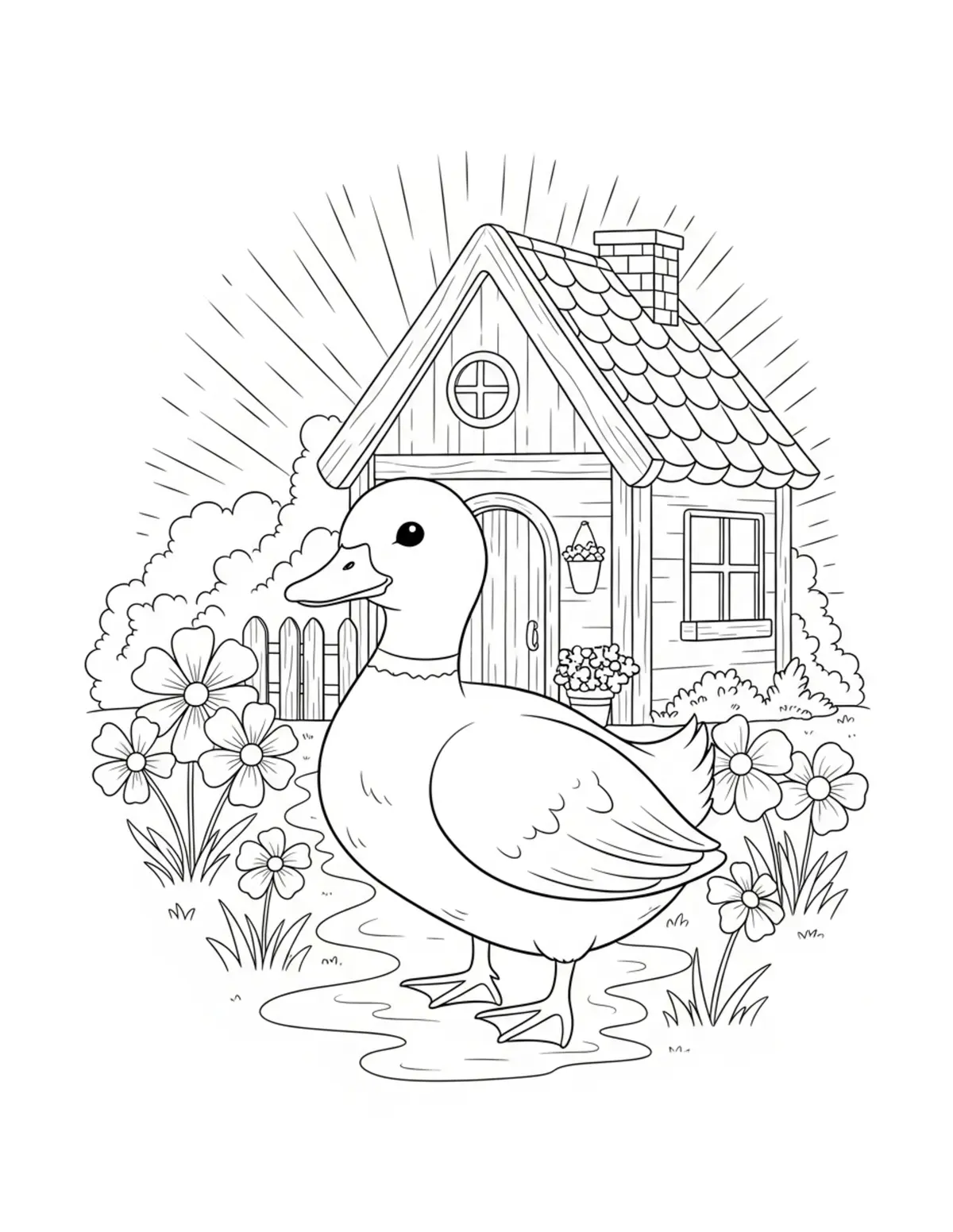 Cute Duck Countryside Cottage — free printable cozy coloring coloring page for kids and adults