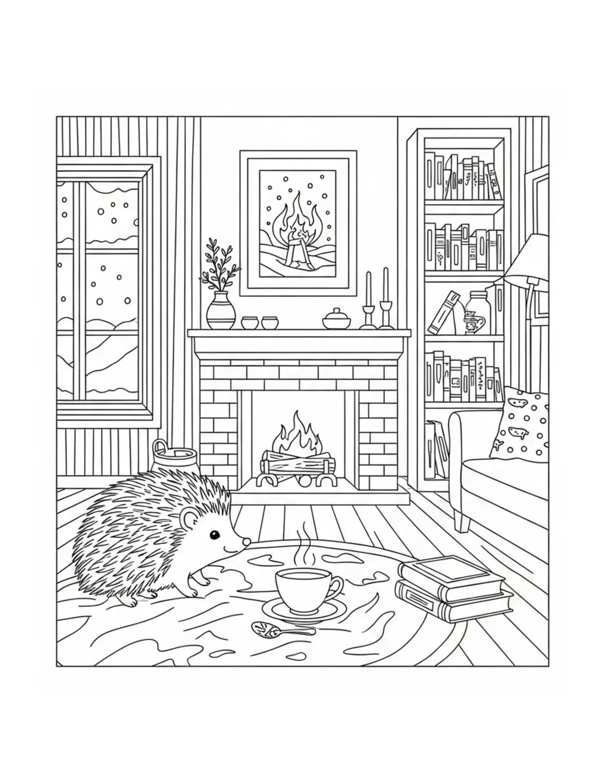 Free printable coloring page: cute hedgehog winter tea room coloring page. Cute design for kids and adults.