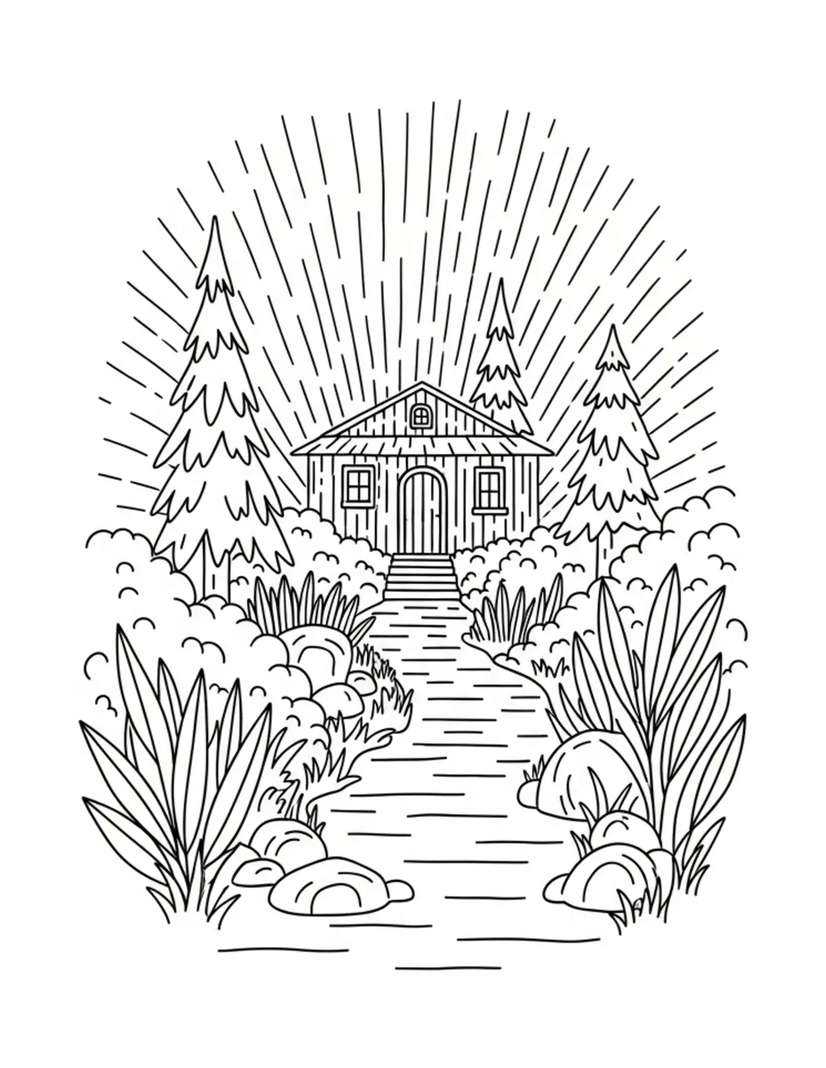 Free printable coloring page: hidden-forest-crossing-point coloring page. Cute and cozy design for kids and adults to download and print.