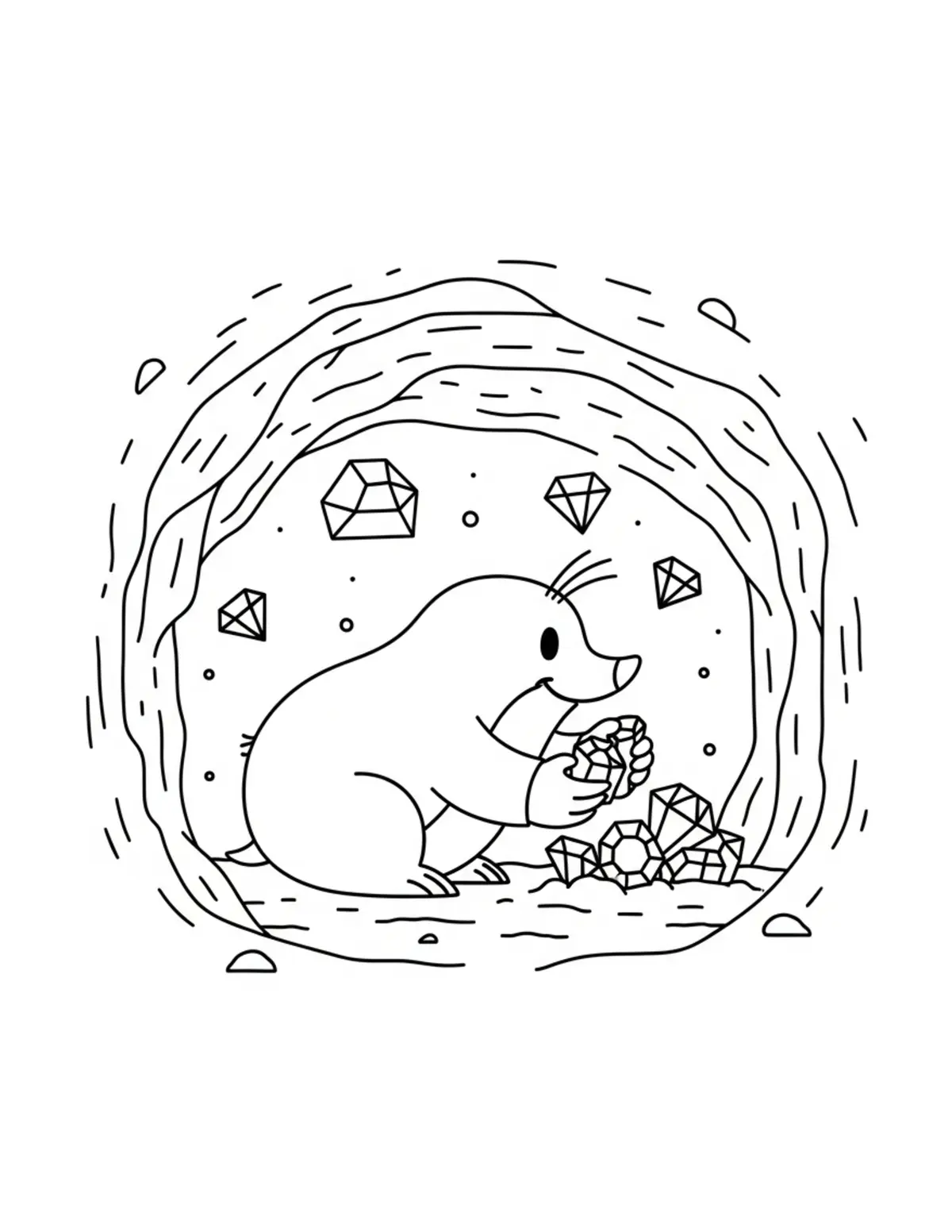 Mole Collecting Gems in an Und Coloring Page - free printable JPG featuring adorable woodland animals